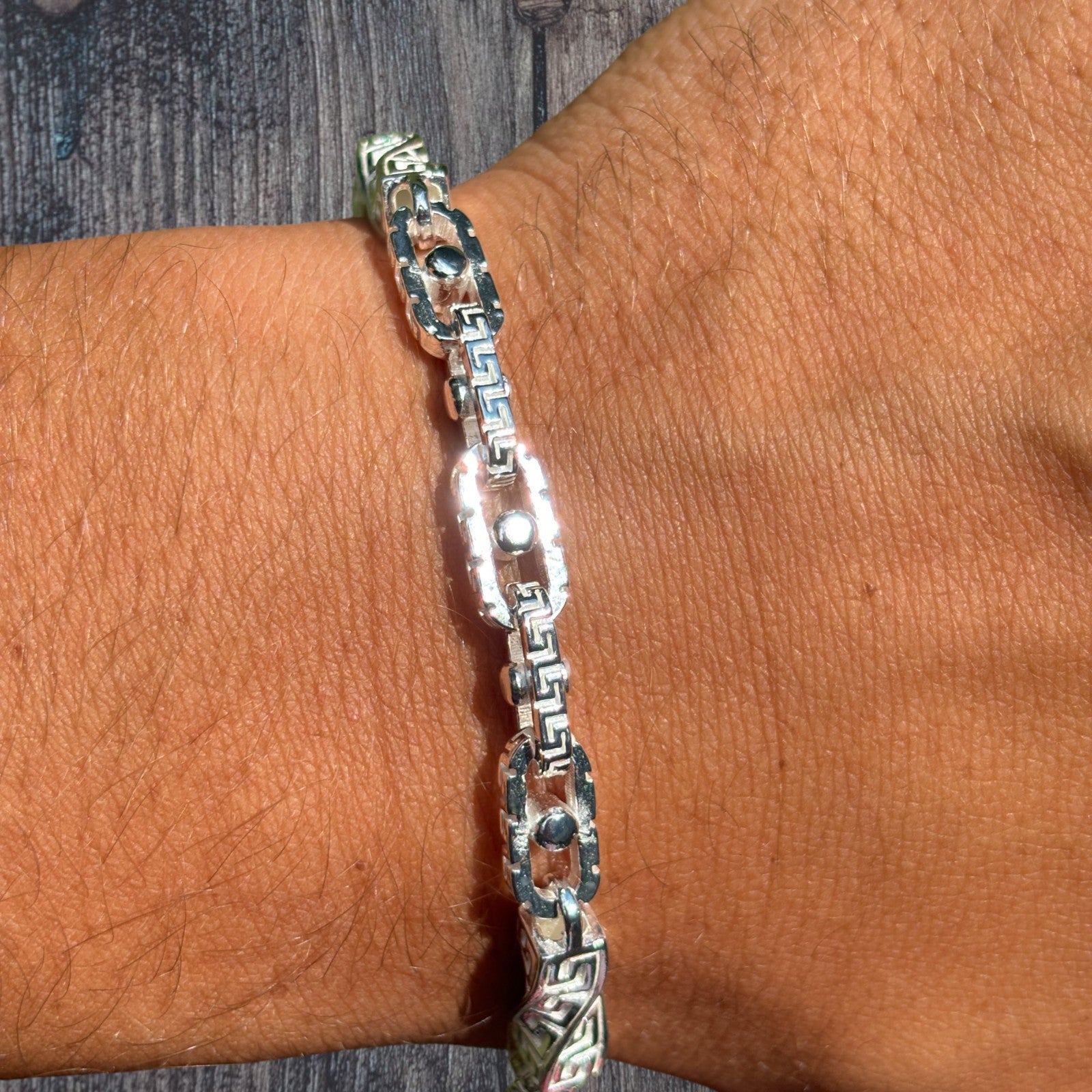 925 Sterling Silver 7mm Greek Key Rolo Link Bracelet