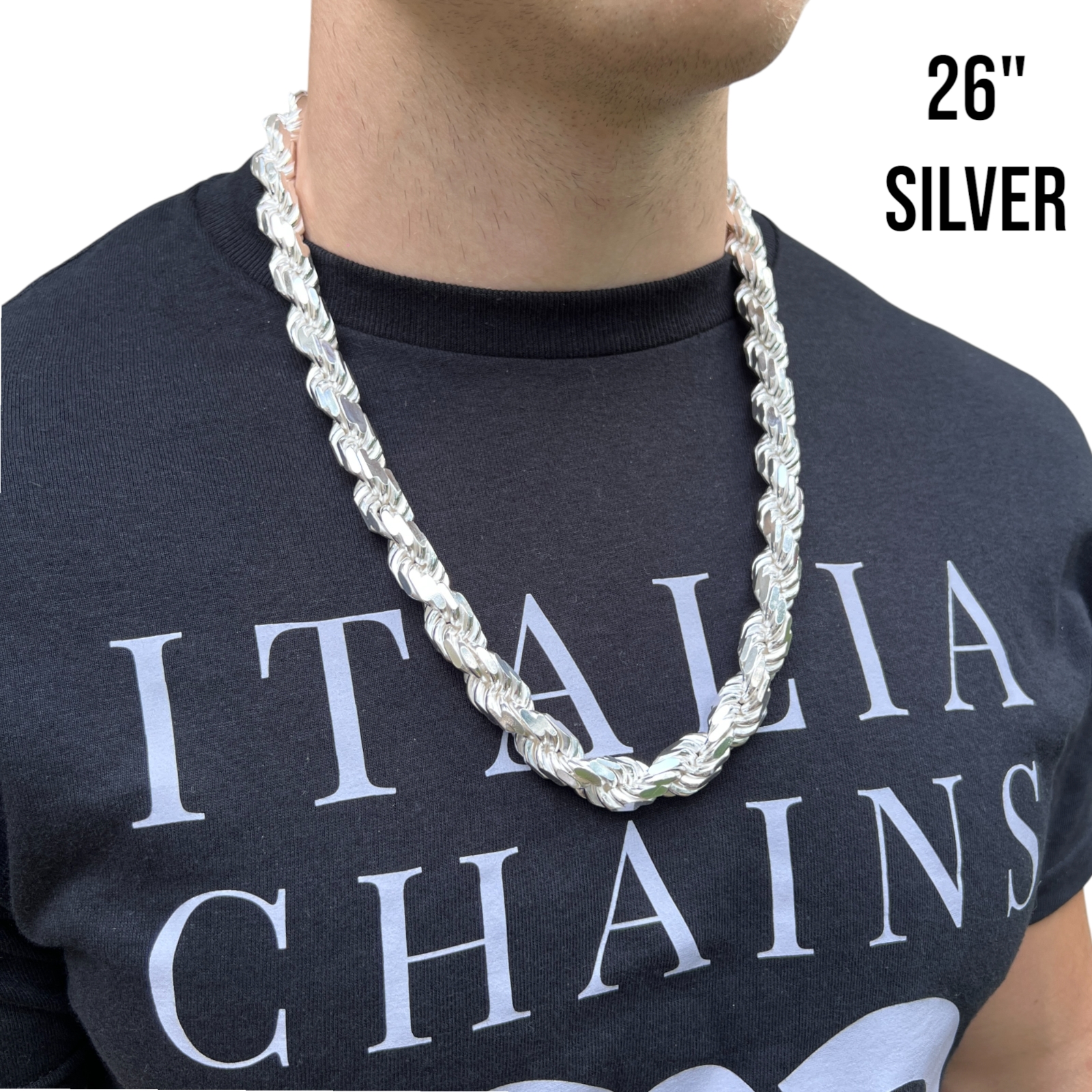Collar de cadena de cuerda con corte de diamante de 12,5 mm de plata de ley 925