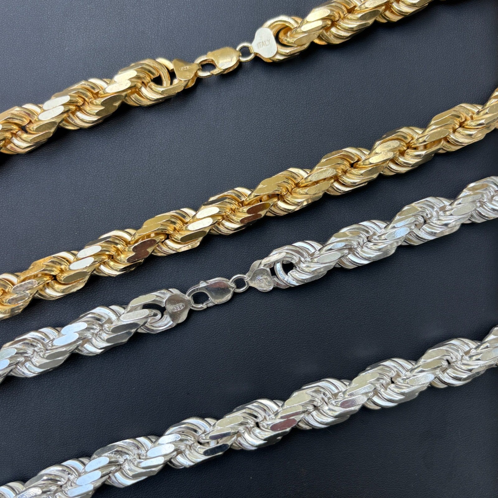 Collar de cadena de cuerda con corte de diamante de 12,5 mm de plata de ley 925