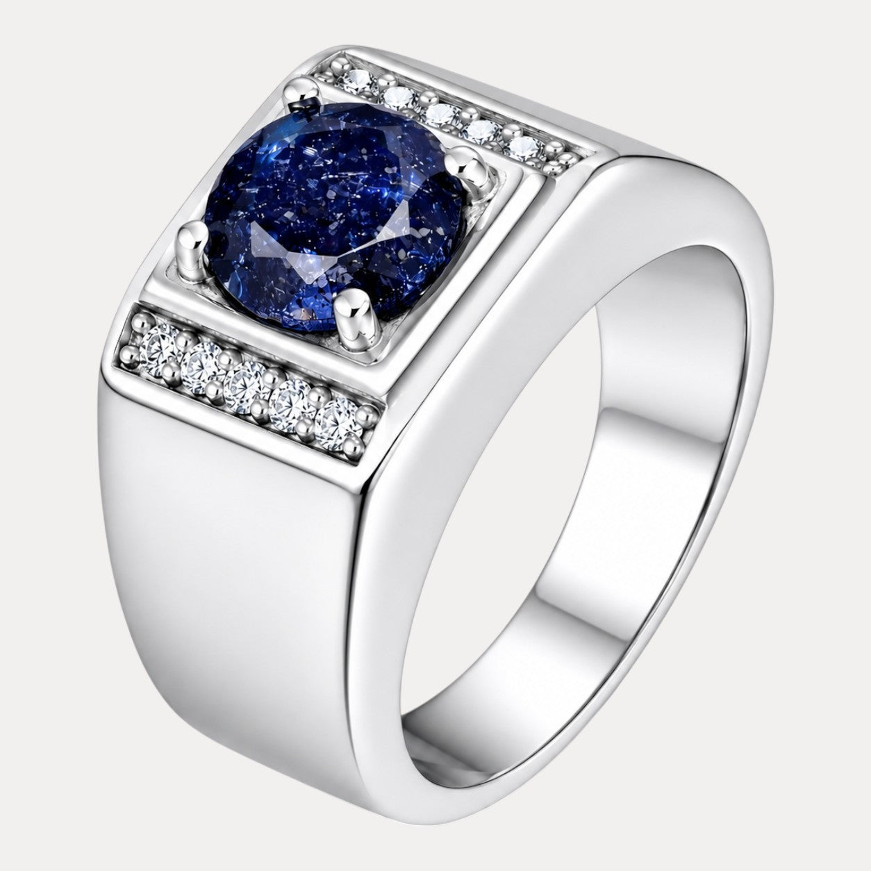 925 Sterling Silver Round Blue Sapphire Stone Ring With Moissanite