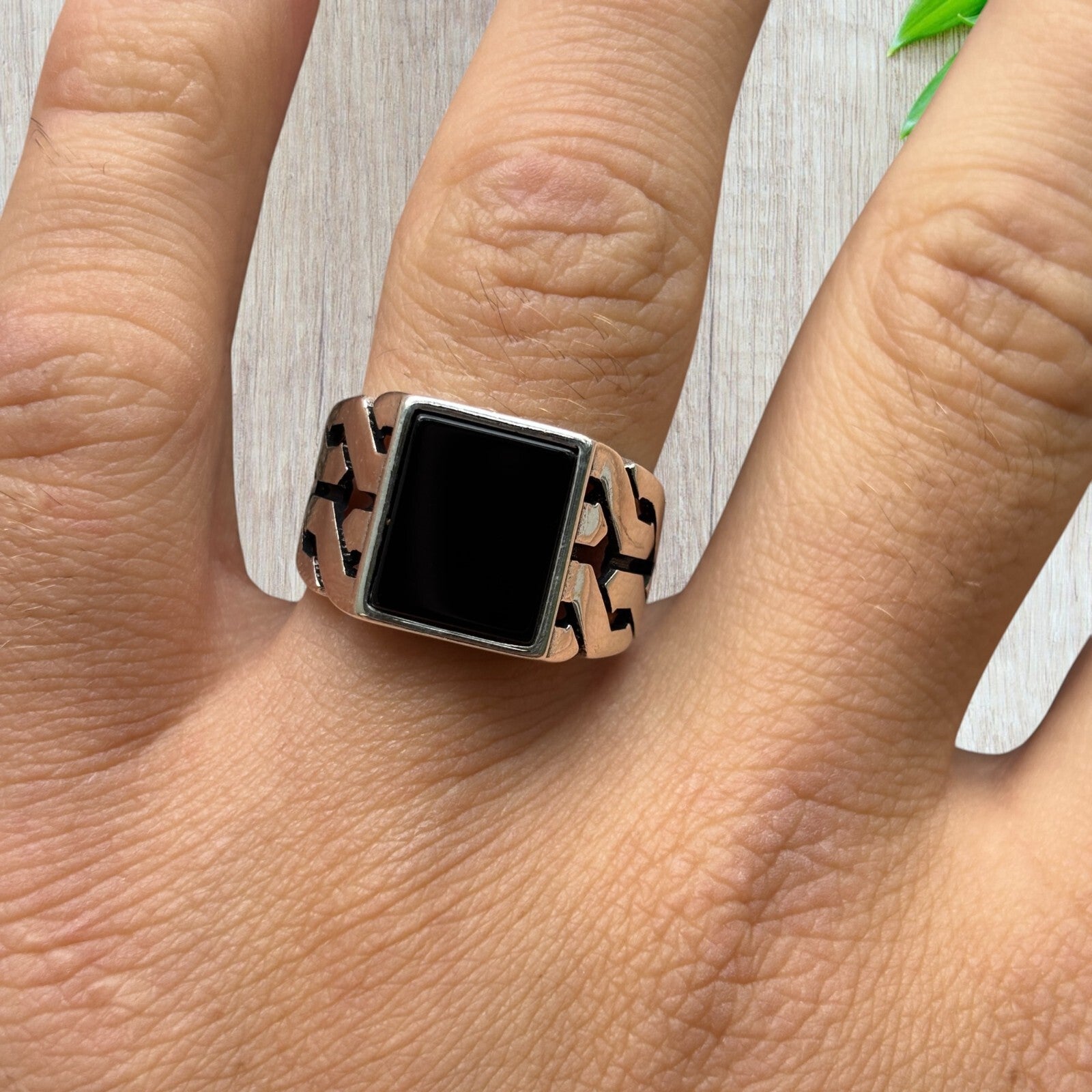 925 Sterling Silver Rectangular Black Onyx Stone Ring