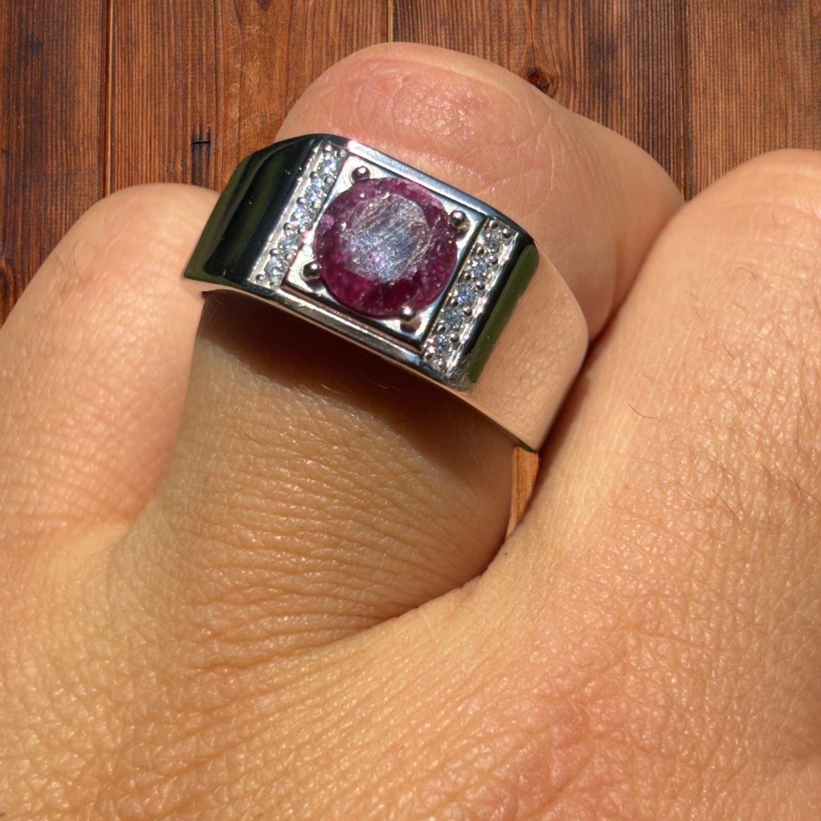 925 Sterling Silver Round Red Ruby Stone Ring With Moissanite