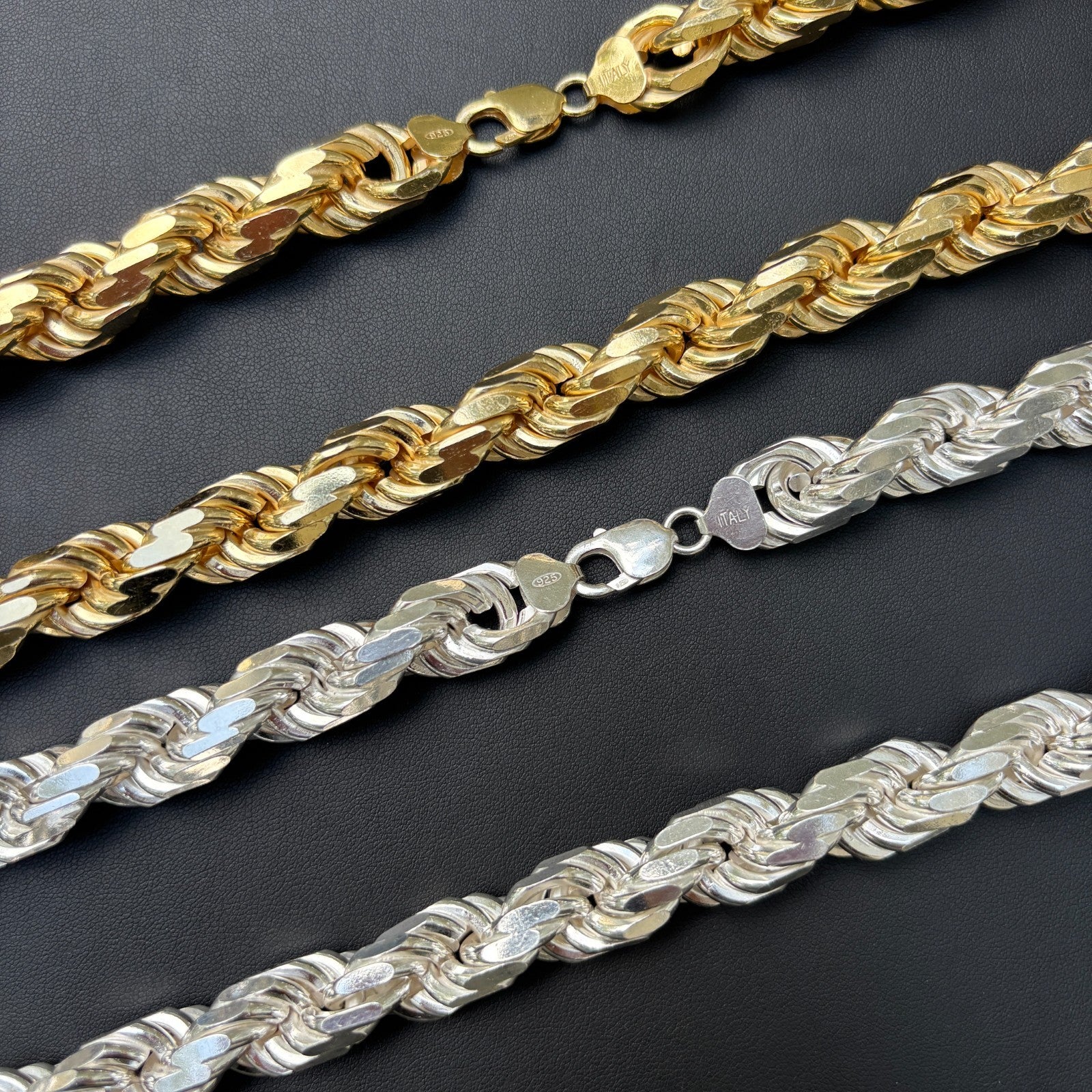 Collar de cadena de cuerda de 14 mm con corte de diamante en plata de ley 925