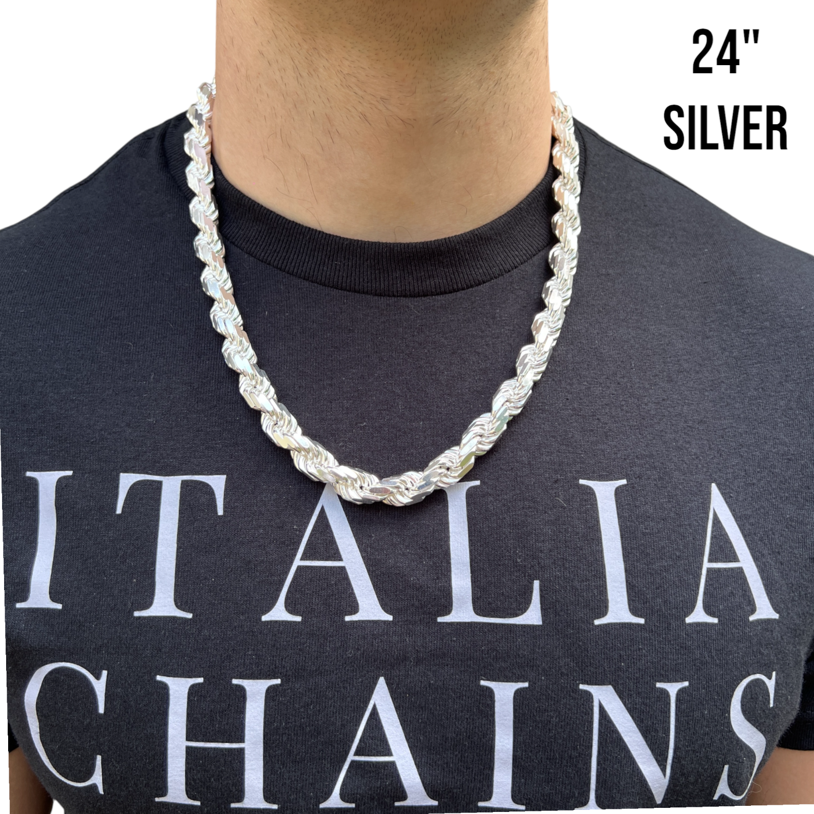 Collar de cadena de cuerda de 11 mm con corte de diamante en plata de ley 925