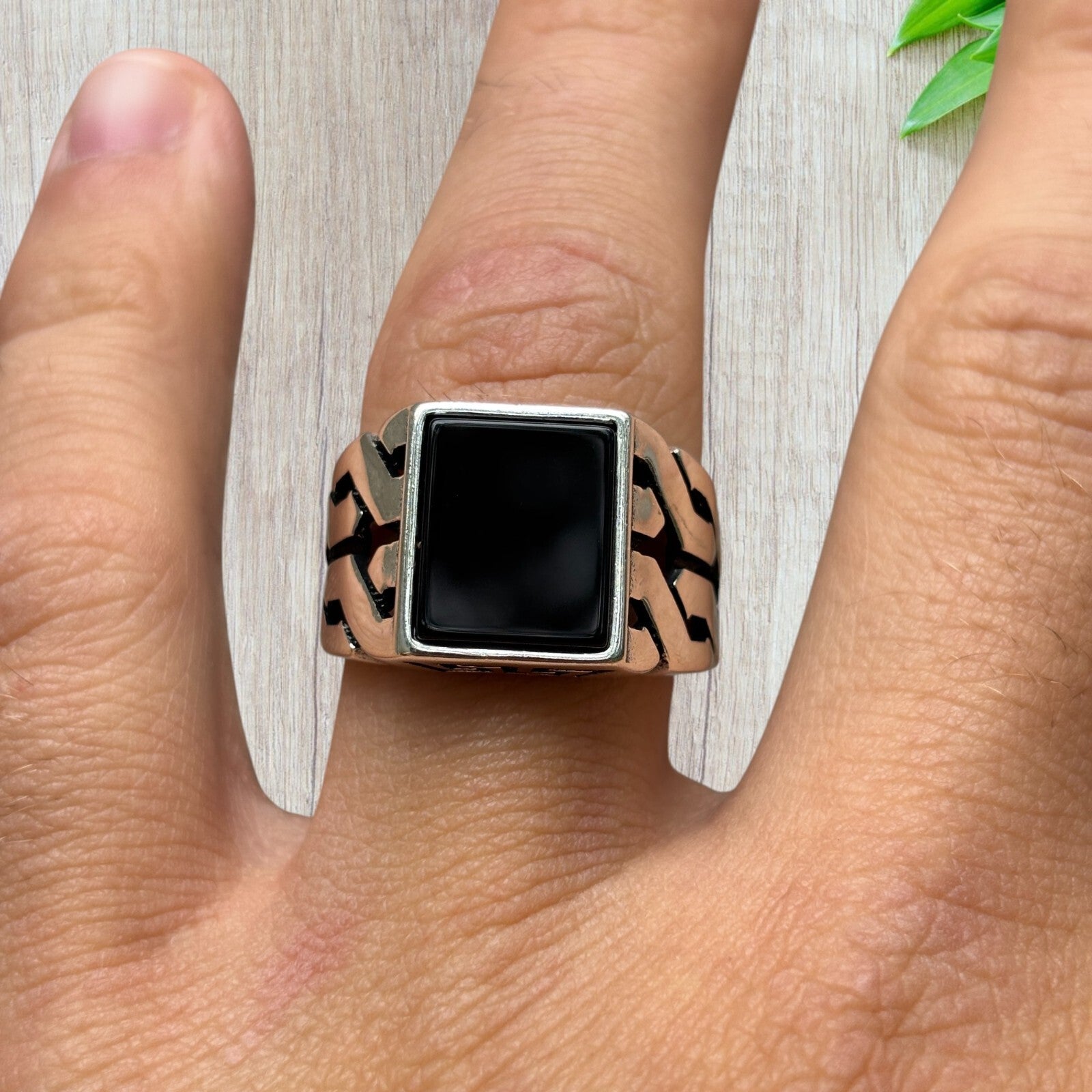 925 Sterling Silver Rectangular Black Onyx Stone Ring