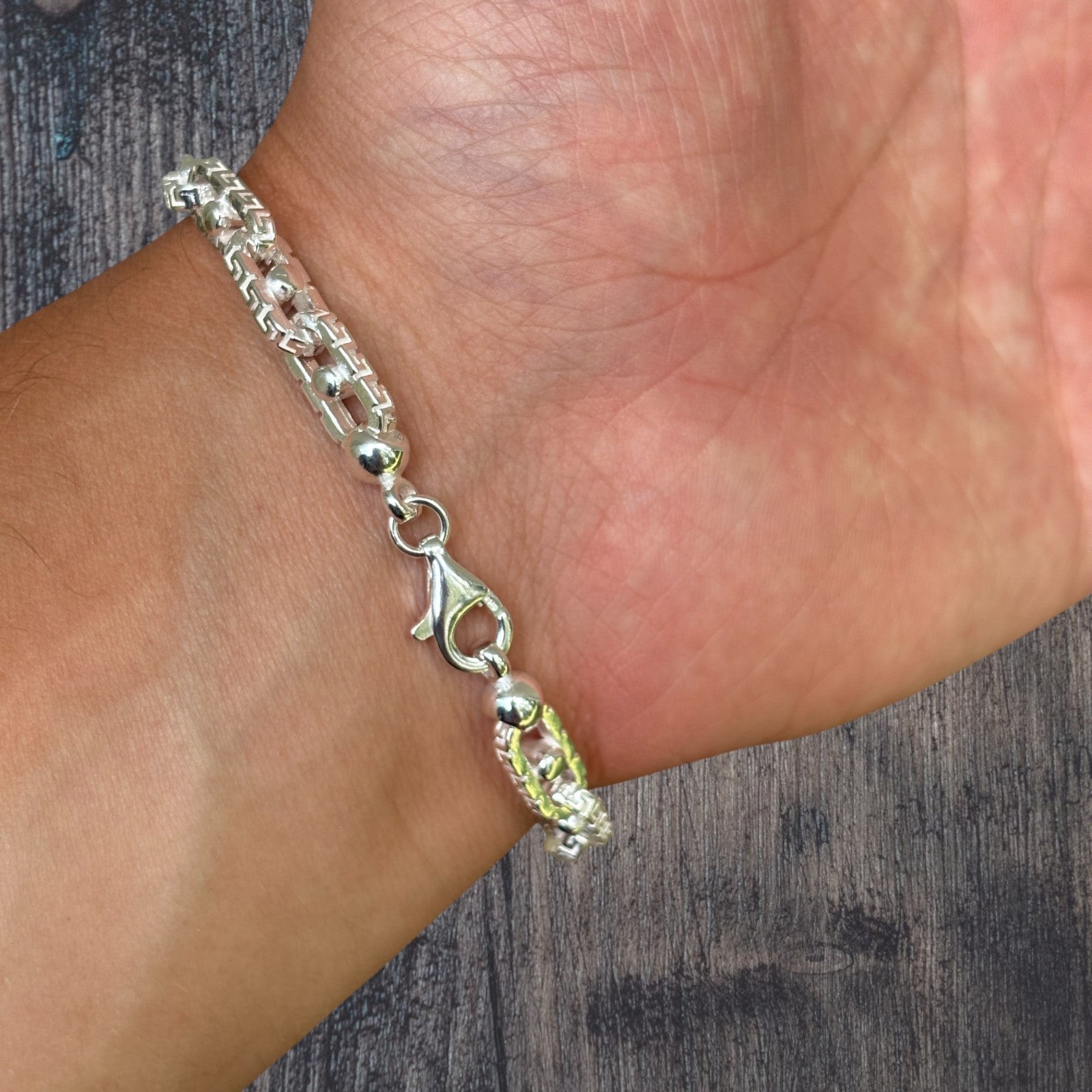 925 Sterling Silver 7mm Greek Key Rolo Link Bracelet