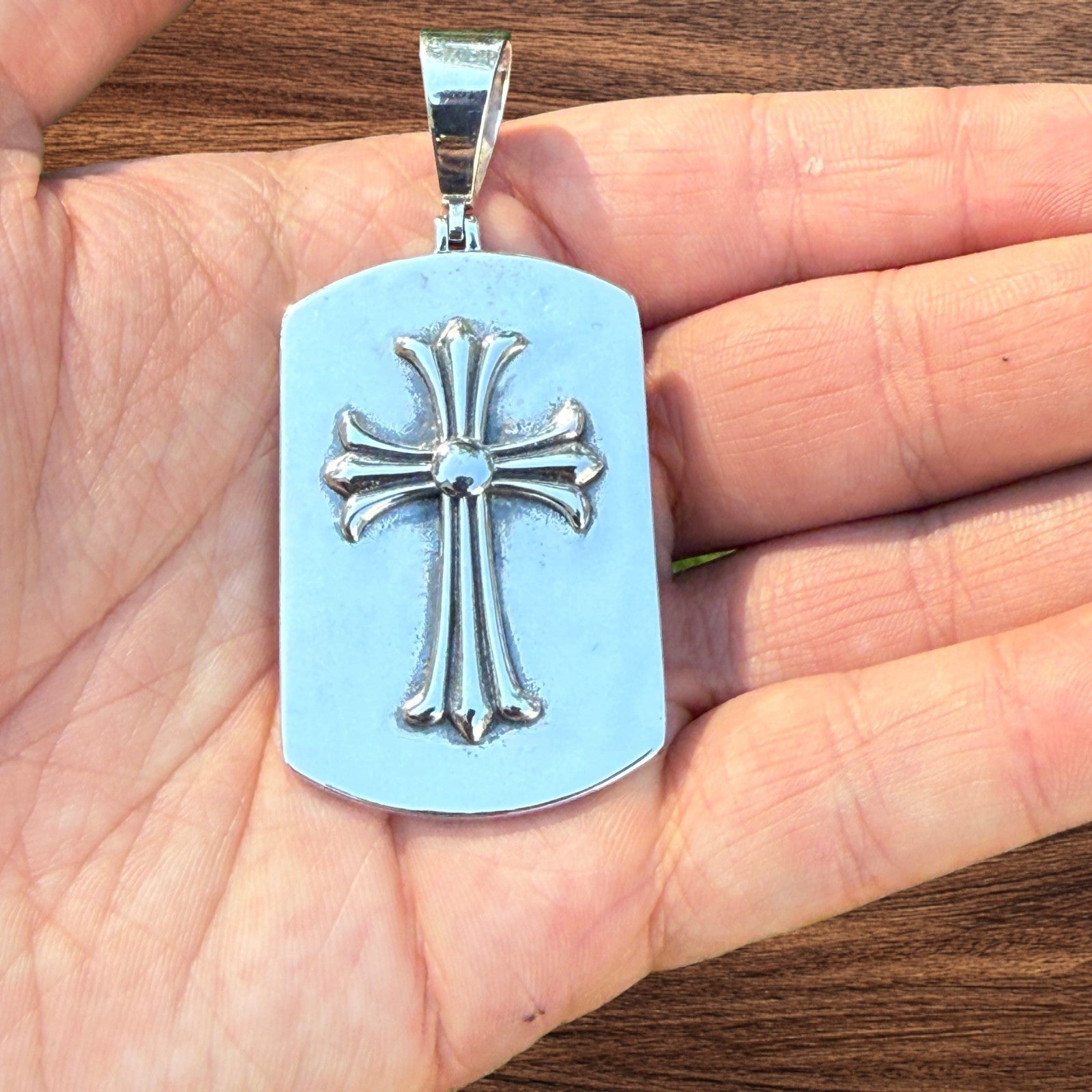 925 Sterling Silver Cross Hearts Dog Tag Pendant - Large