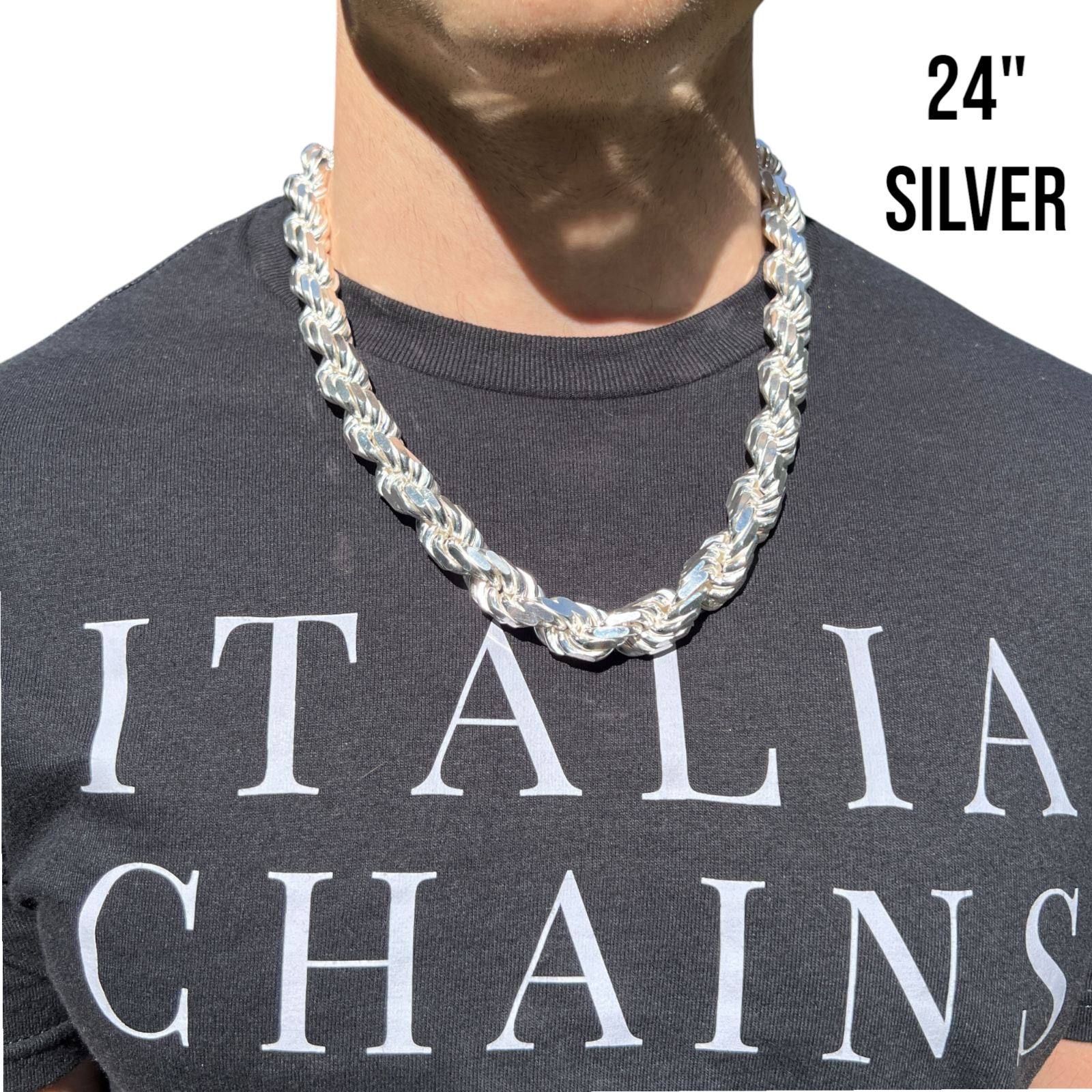 Collar de cadena de cuerda de 14 mm con corte de diamante en plata de ley 925