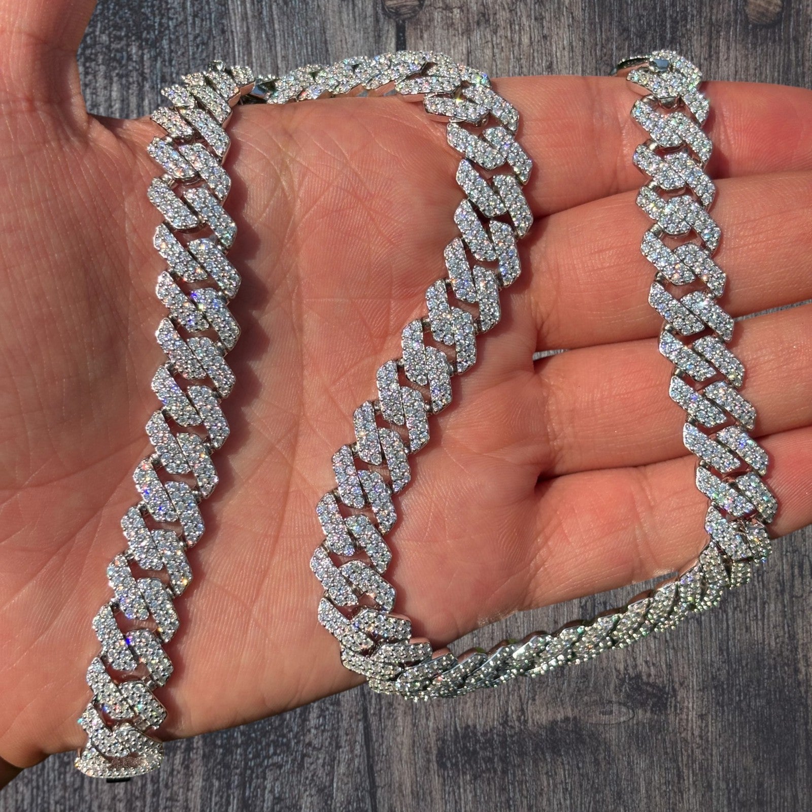 925 Sterling Silver 12mm Moissanite Miami Cuban Prong Chain Necklace