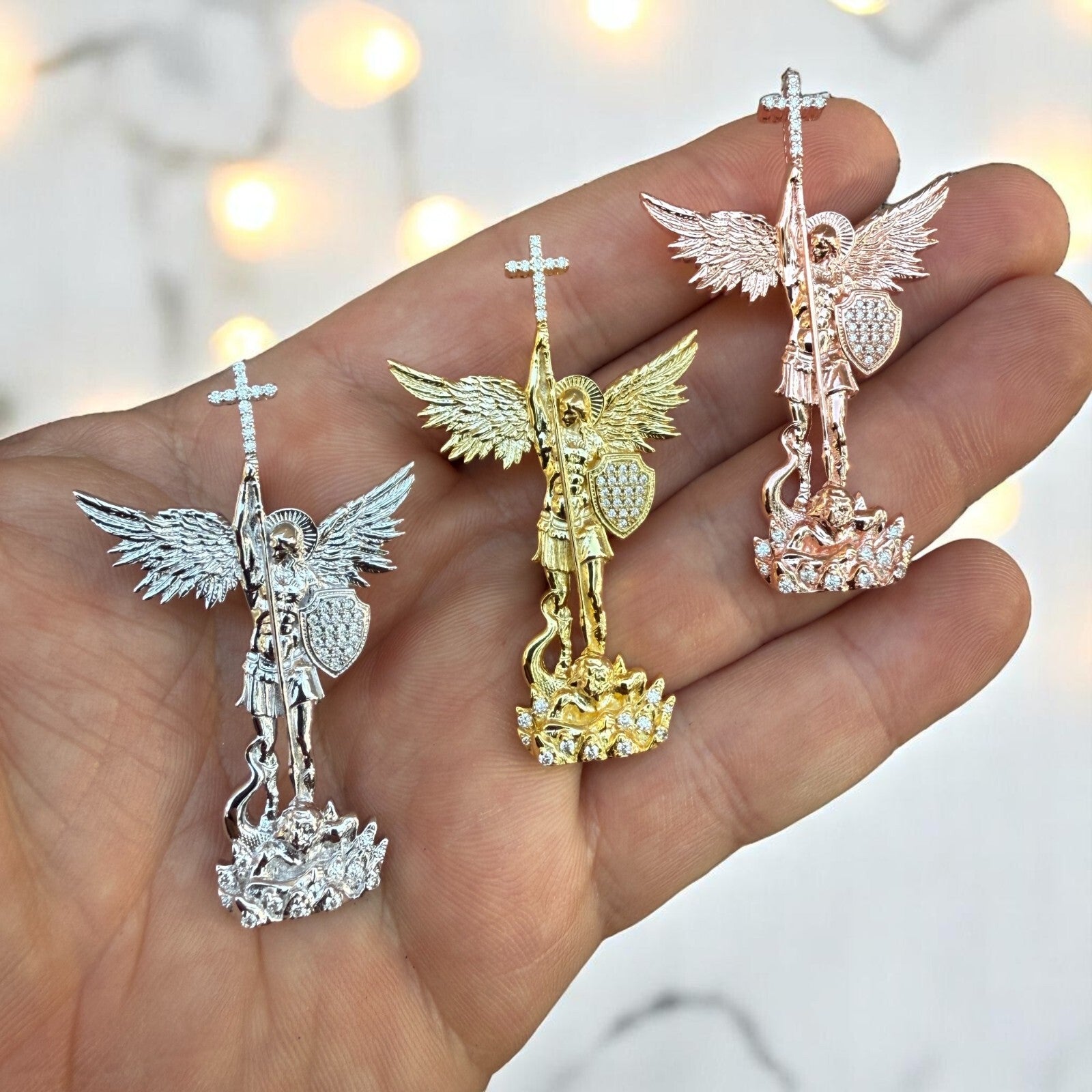 Pendentif Saint-Michel en argent sterling 925 avec moissanite - Moyen