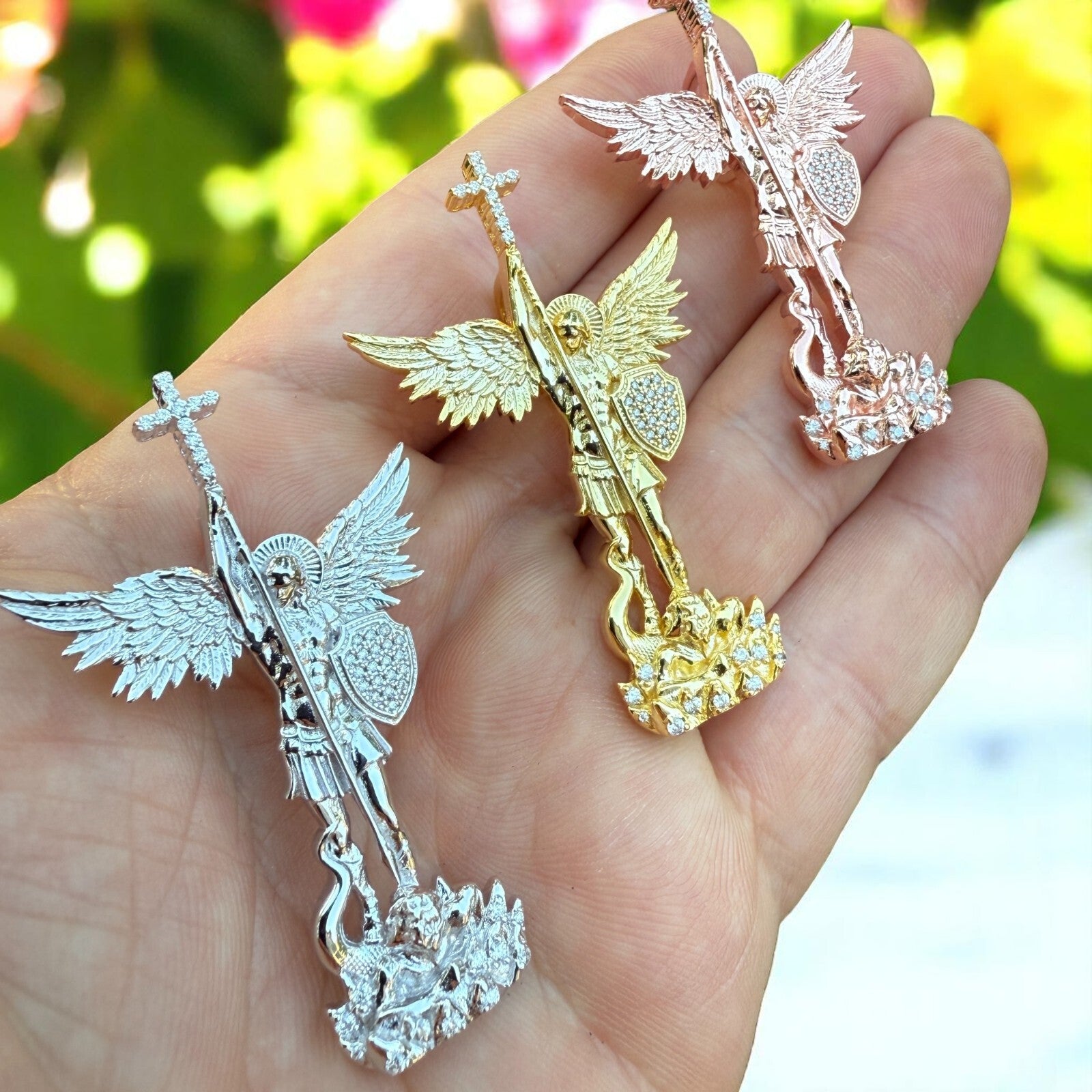 Pendentif Saint-Michel en argent sterling 925 avec moissanite - Moyen