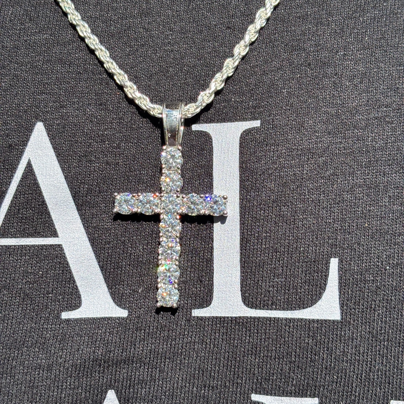 925 Sterling Silver Small Tennis Cross Pendant With Moissanite - Large