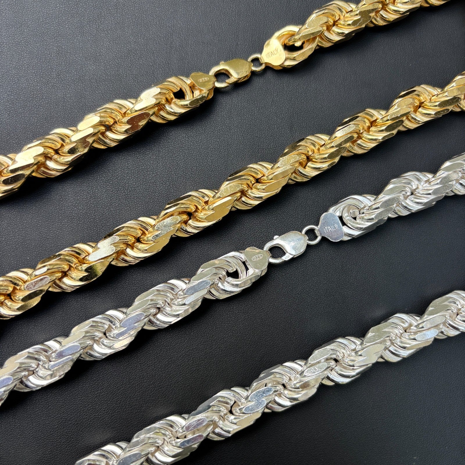 Collar de cadena de cuerda de 14 mm con corte de diamante en plata de ley 925