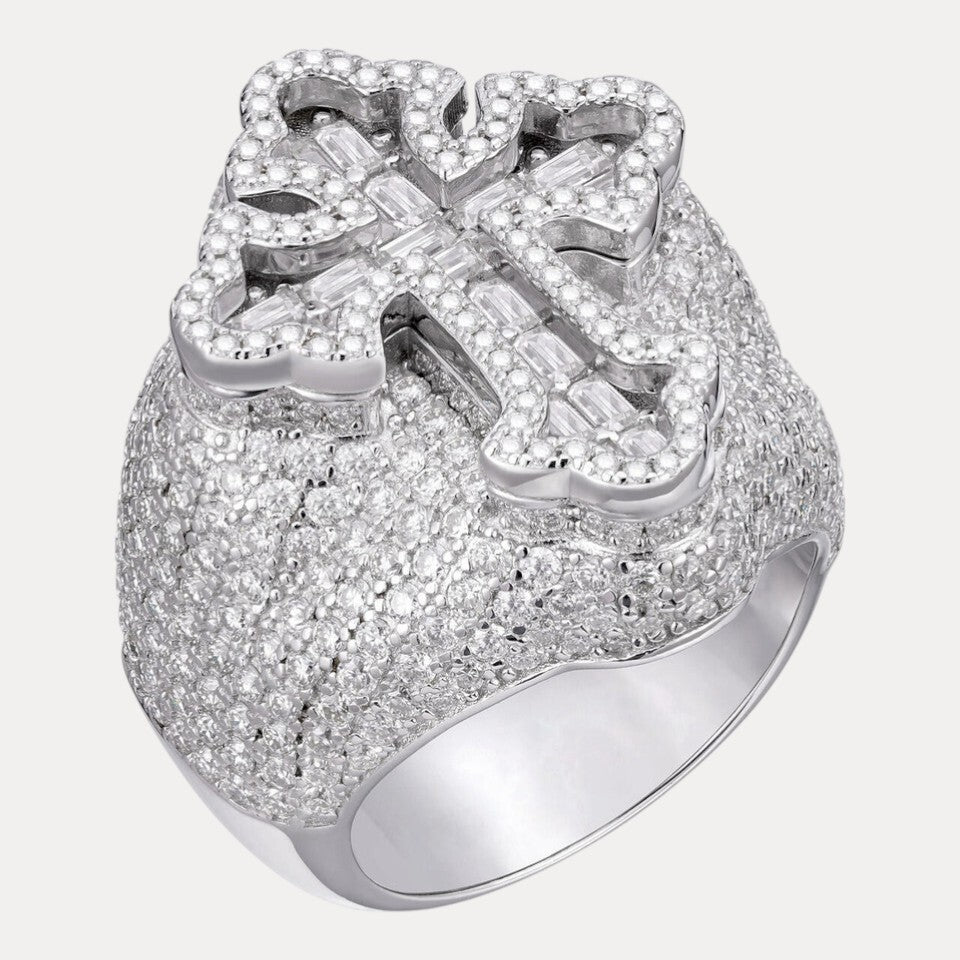 925 Sterling Silver Baguette Cross Ring With Moissanite