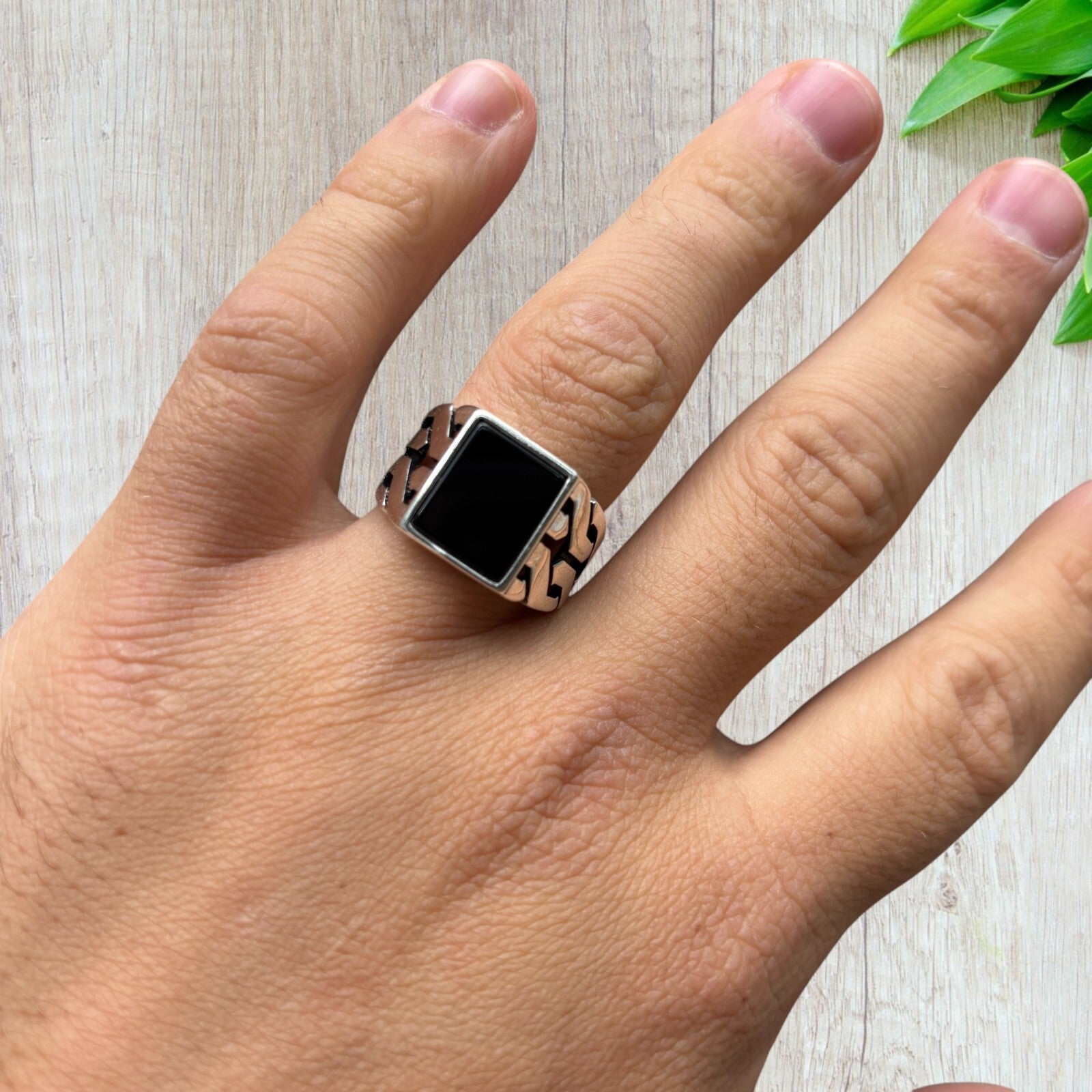 925 Sterling Silver Rectangular Black Onyx Stone Ring
