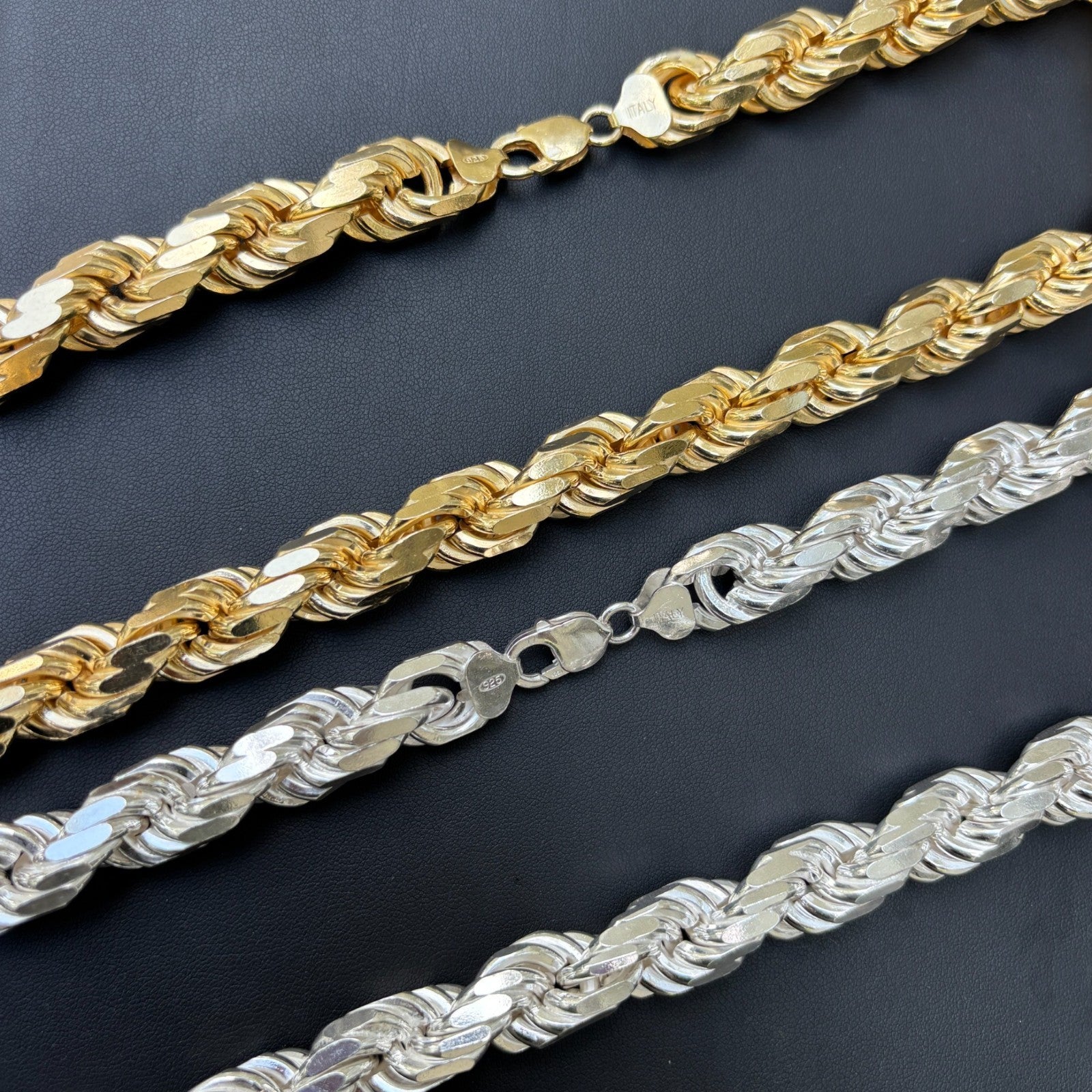 Collar de cadena de cuerda con corte de diamante de 12,5 mm de plata de ley 925