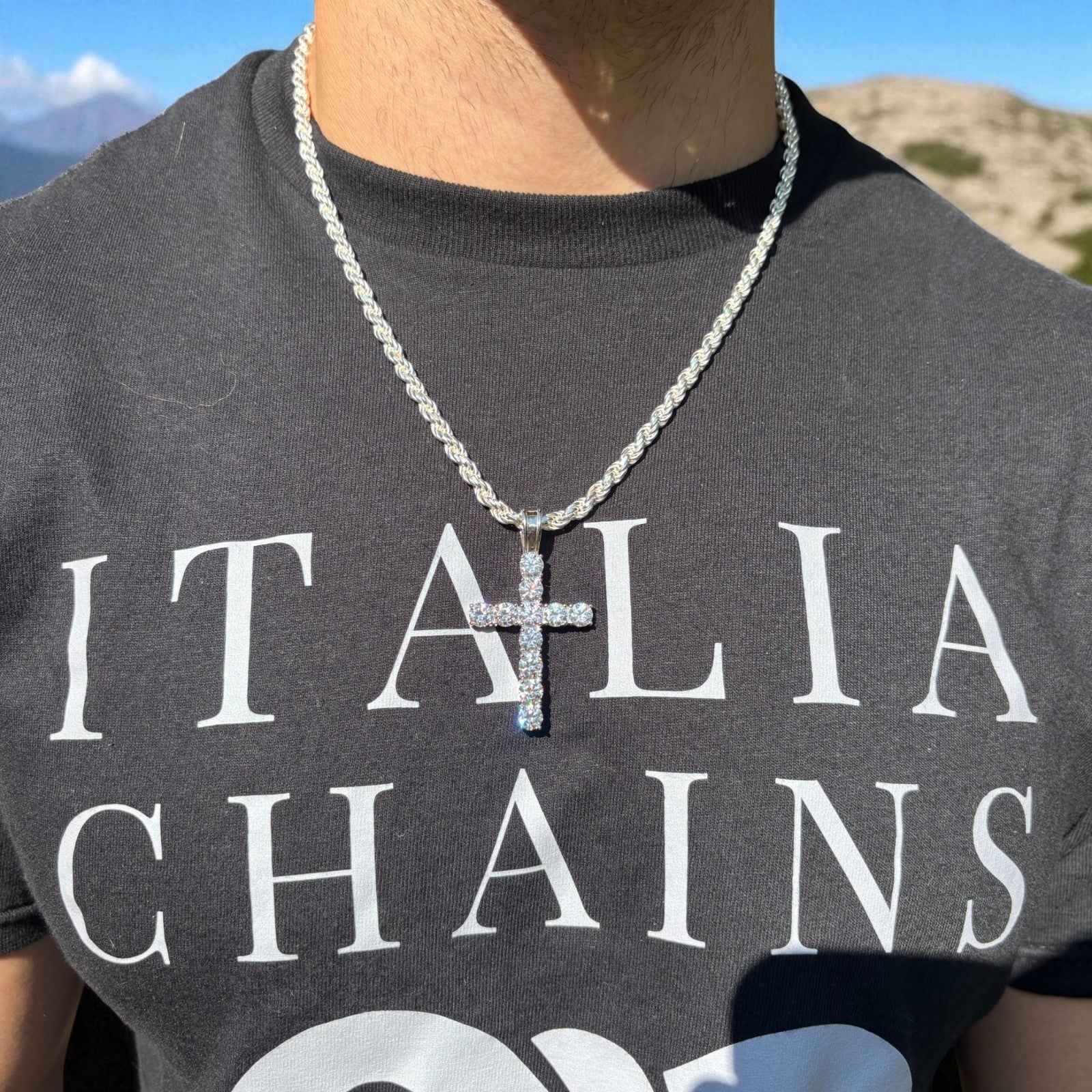 925 Sterling Silver Small Tennis Cross Pendant With Moissanite - X-Large