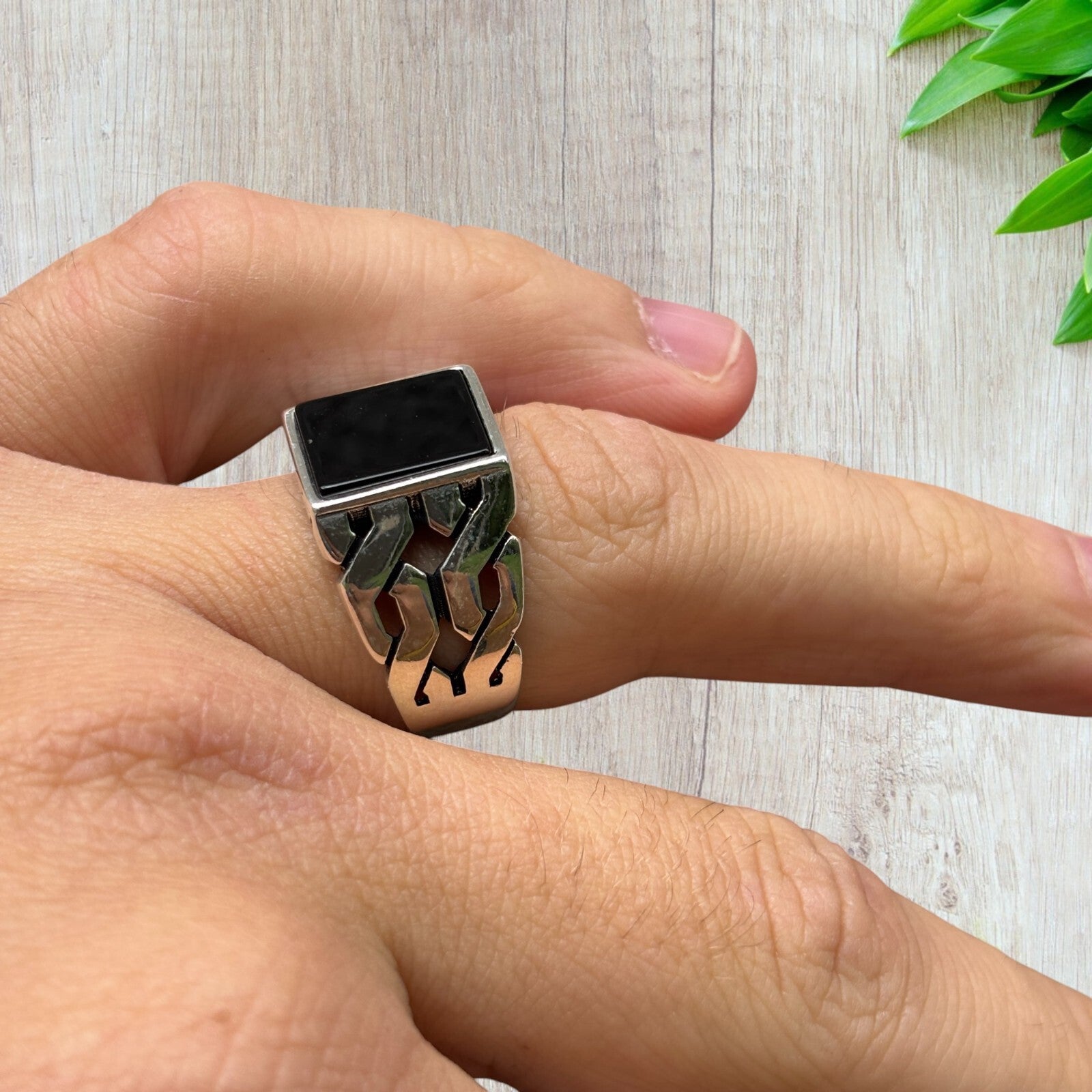 925 Sterling Silver Rectangular Black Onyx Stone Ring