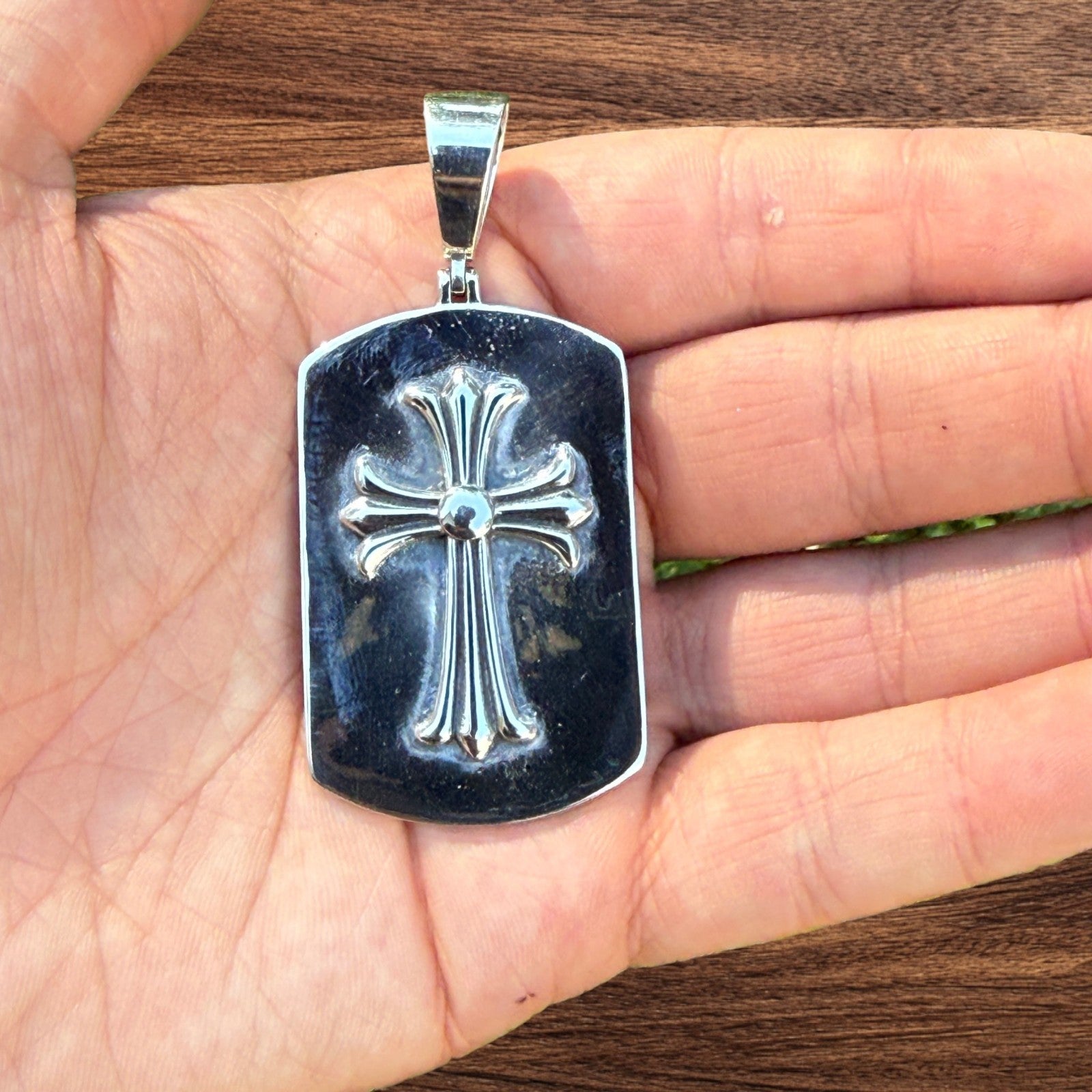 925 Sterling Silver Cross Hearts Dog Tag Pendant - Large