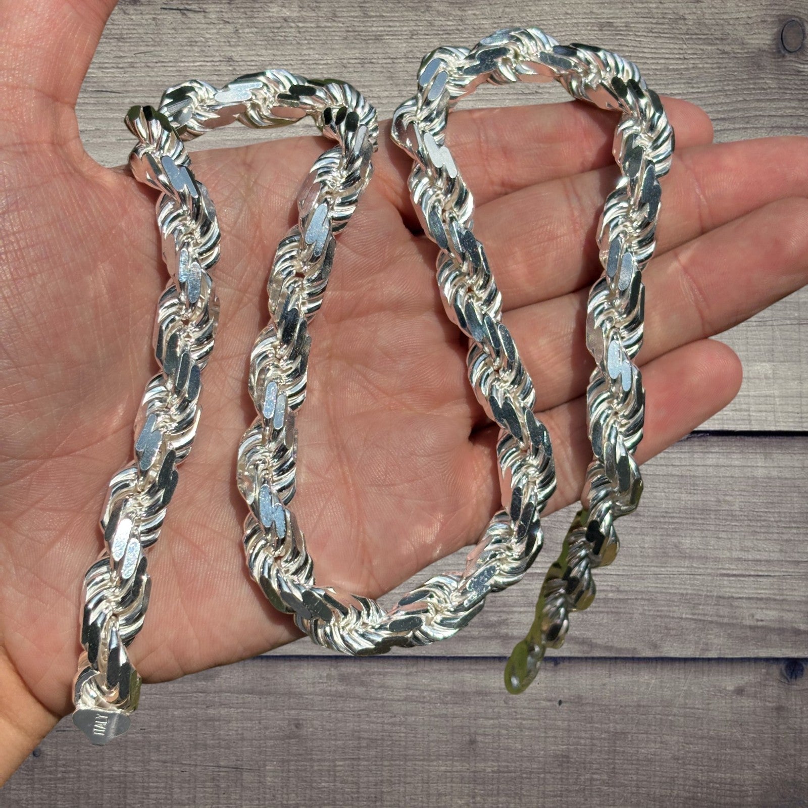 Collar de cadena de cuerda de 11 mm con corte de diamante en plata de ley 925