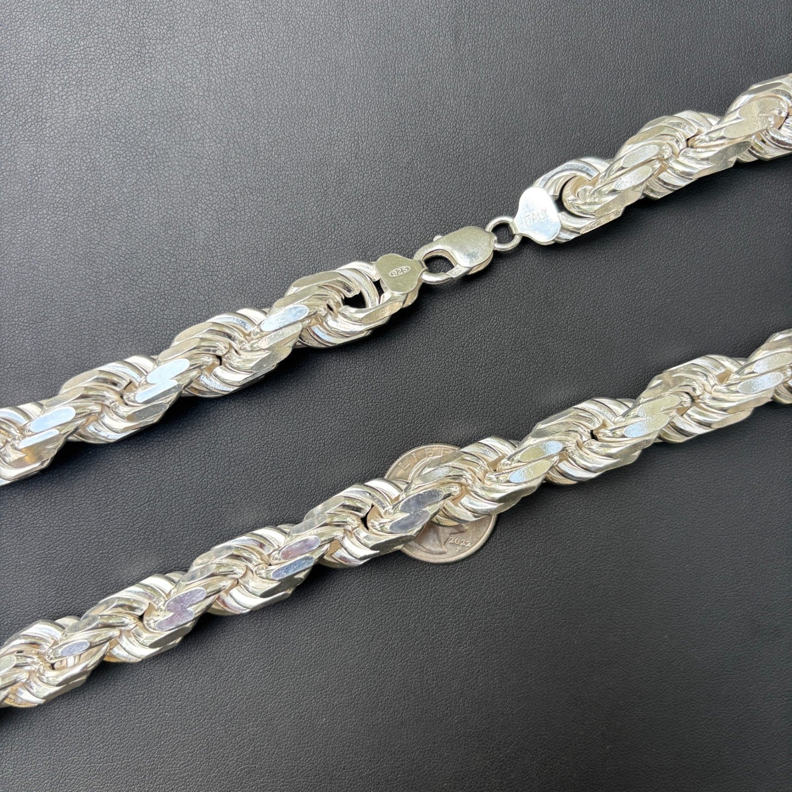 Collar de cadena de cuerda de 14 mm con corte de diamante en plata de ley 925