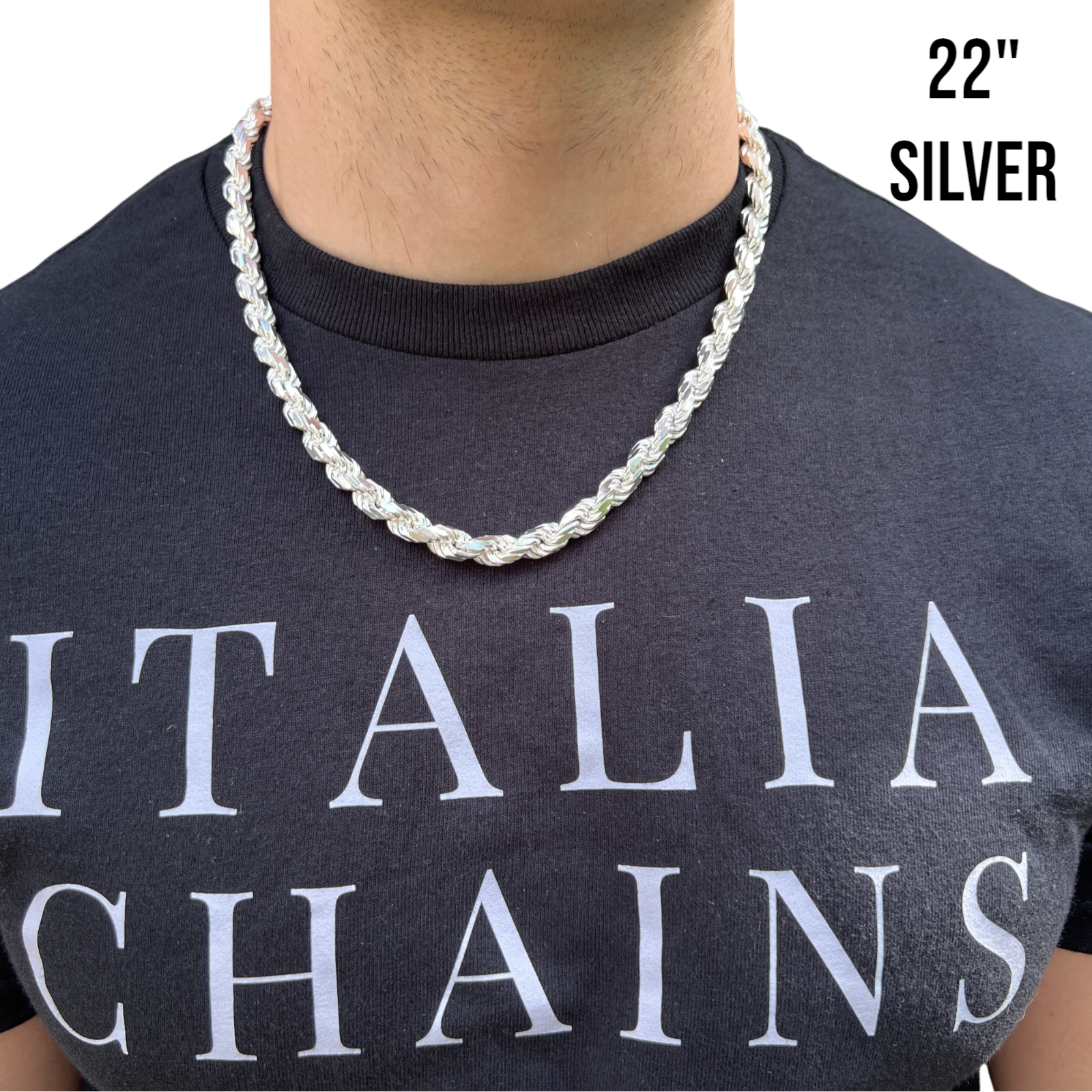 Collier en argent sterling 925 avec chaîne en corde taillée en diamant de 8 mm