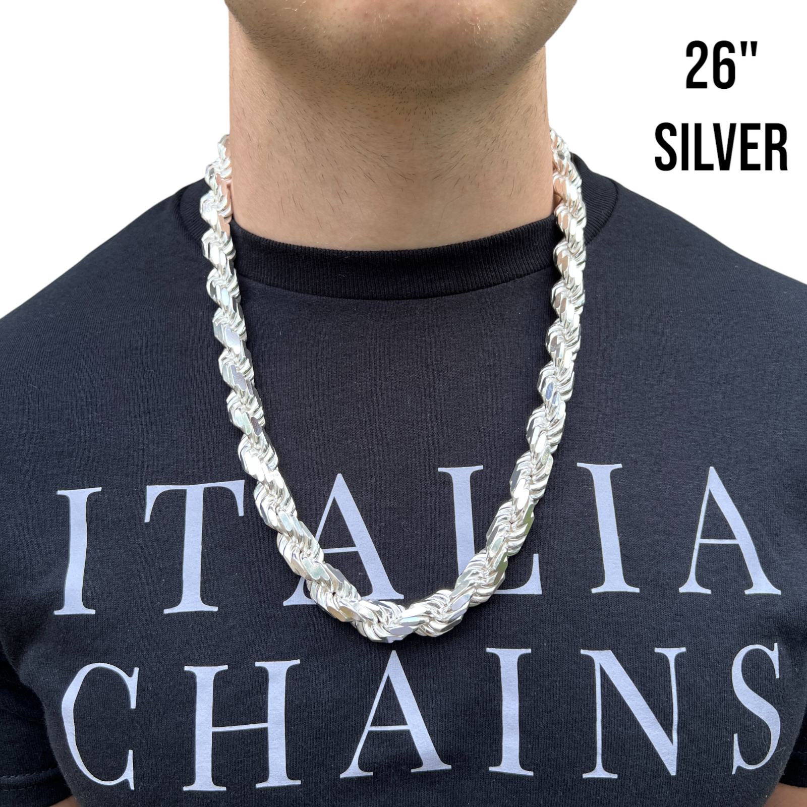 Collar de cadena de cuerda con corte de diamante de 12,5 mm de plata de ley 925