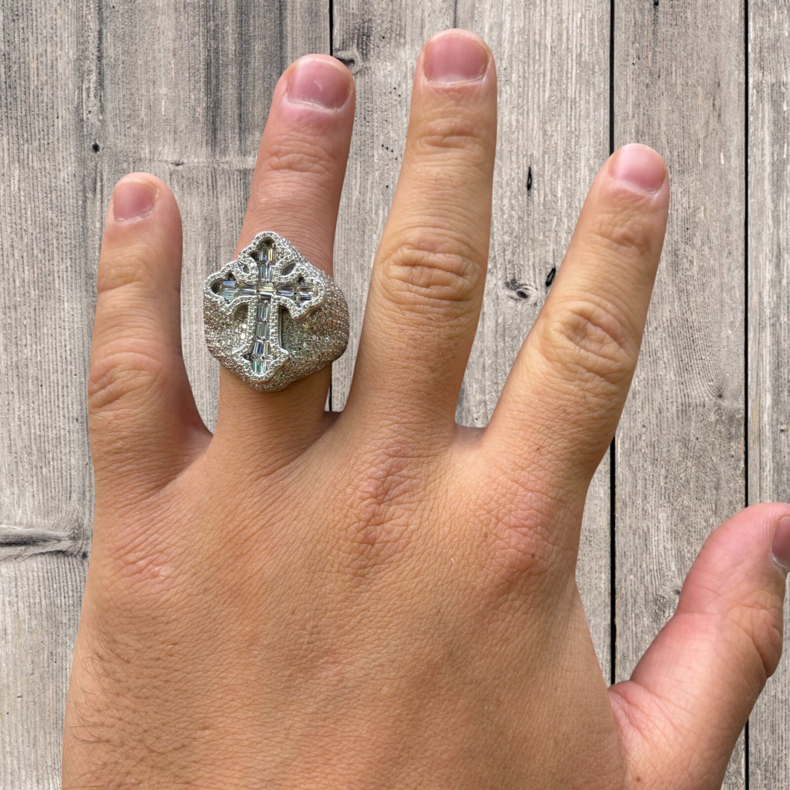 925 Sterling Silver Baguette Cross Ring With Moissanite