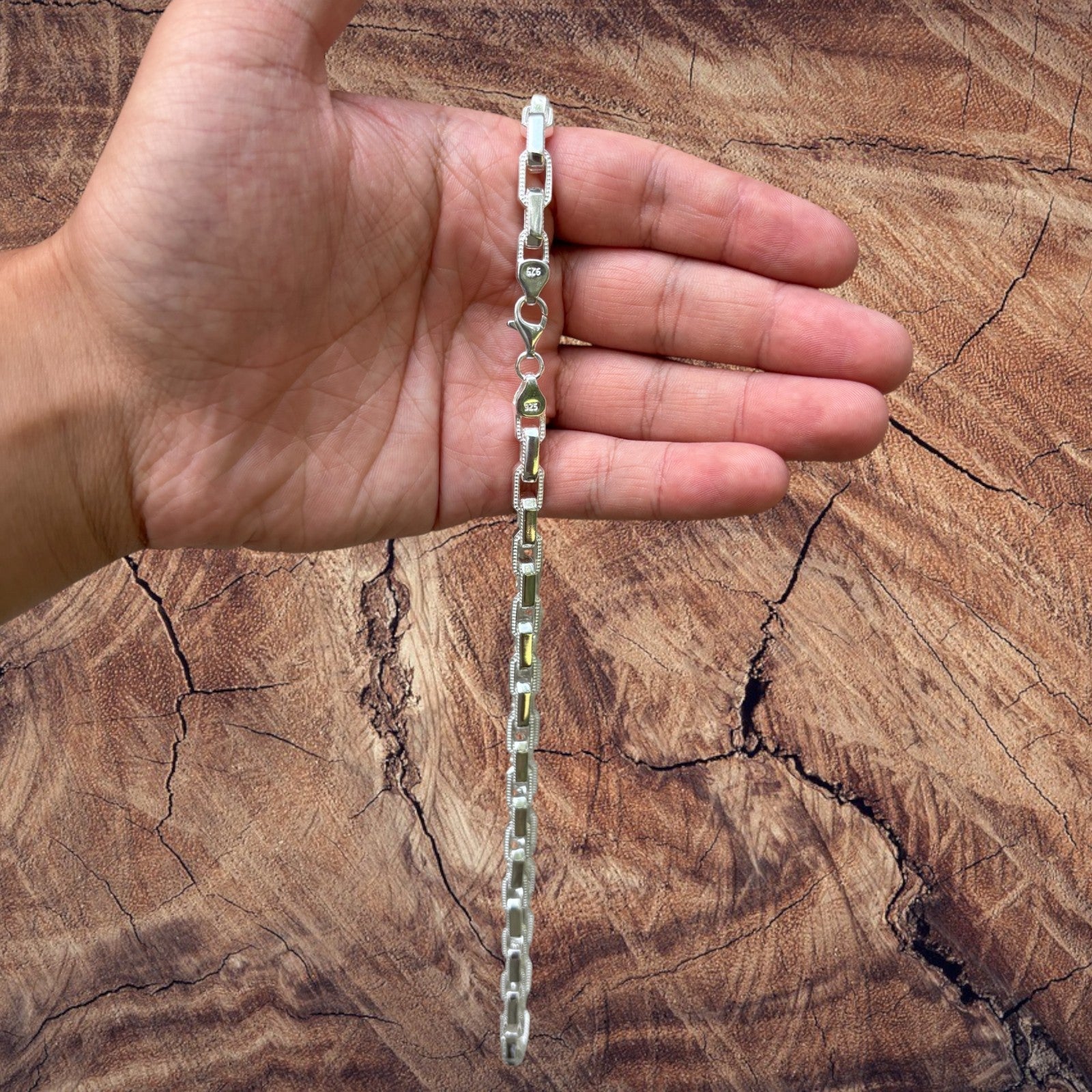 925 Sterling Silver 7mm Fancy Hermes Rolo Link Bracelet