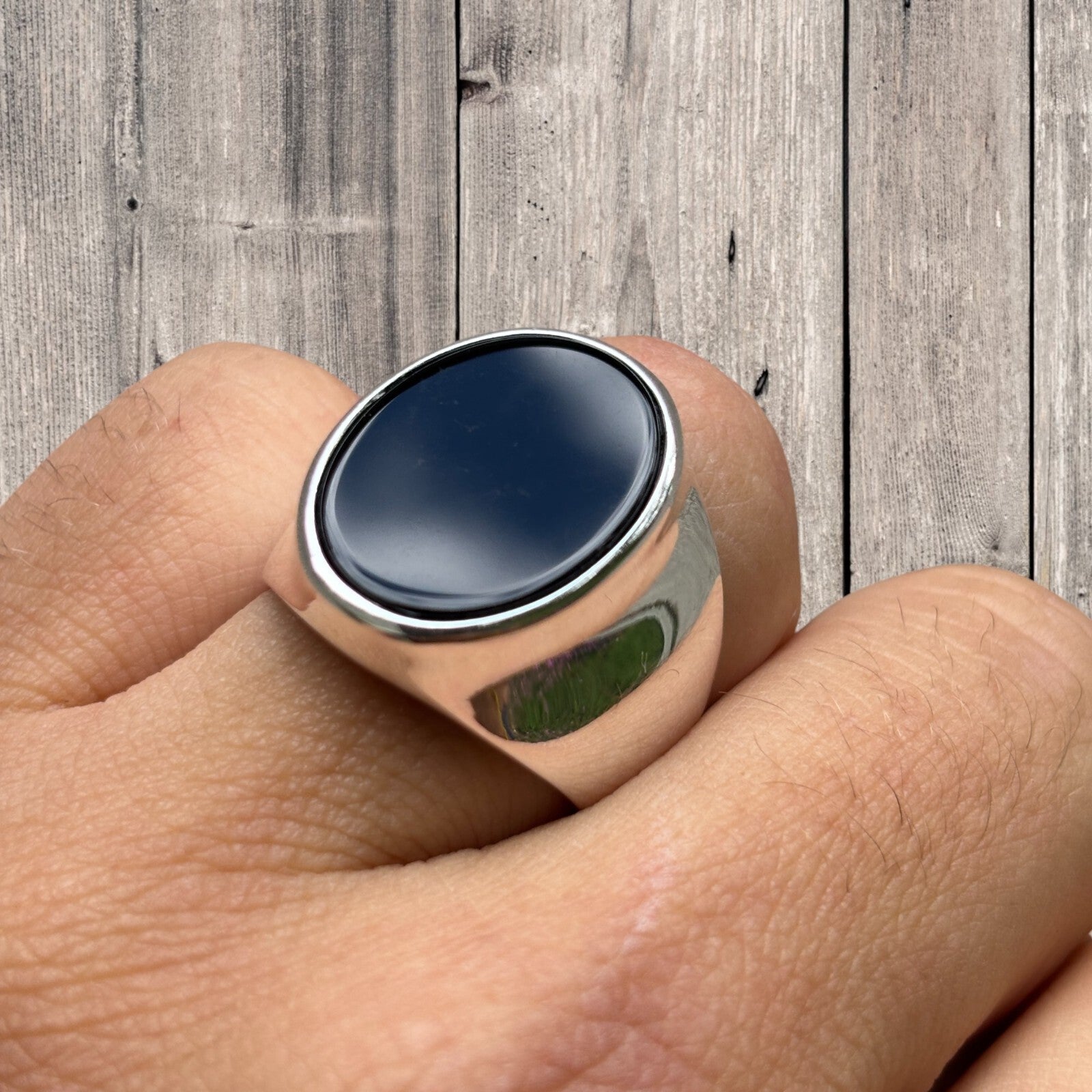 925 Sterling Silver Oval Black Onyx Ring