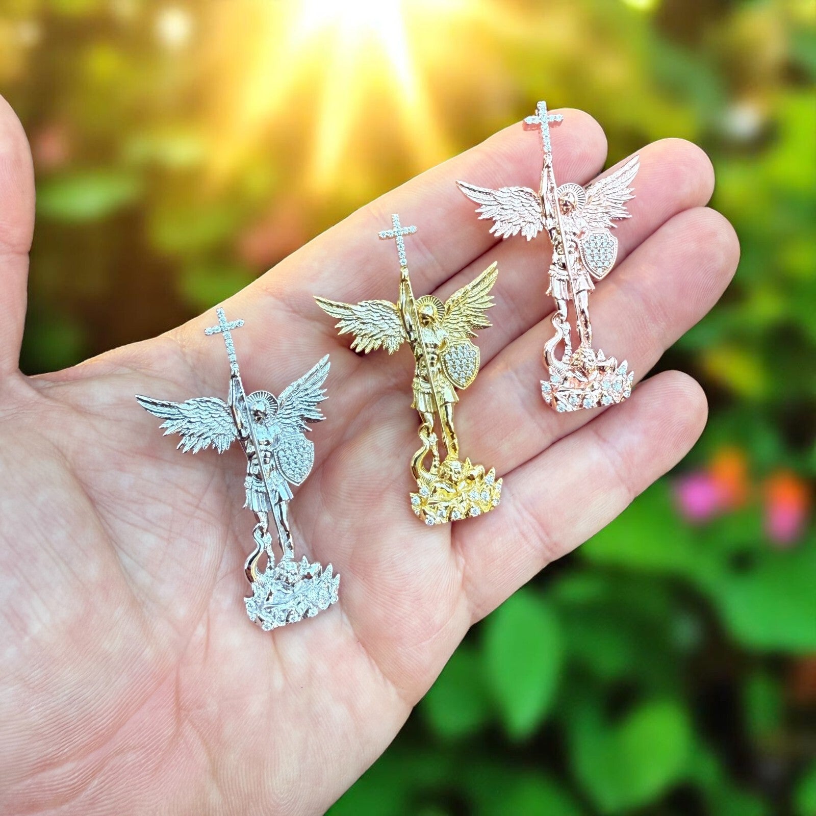 Pendentif Saint-Michel en argent sterling 925 avec moissanite - Moyen