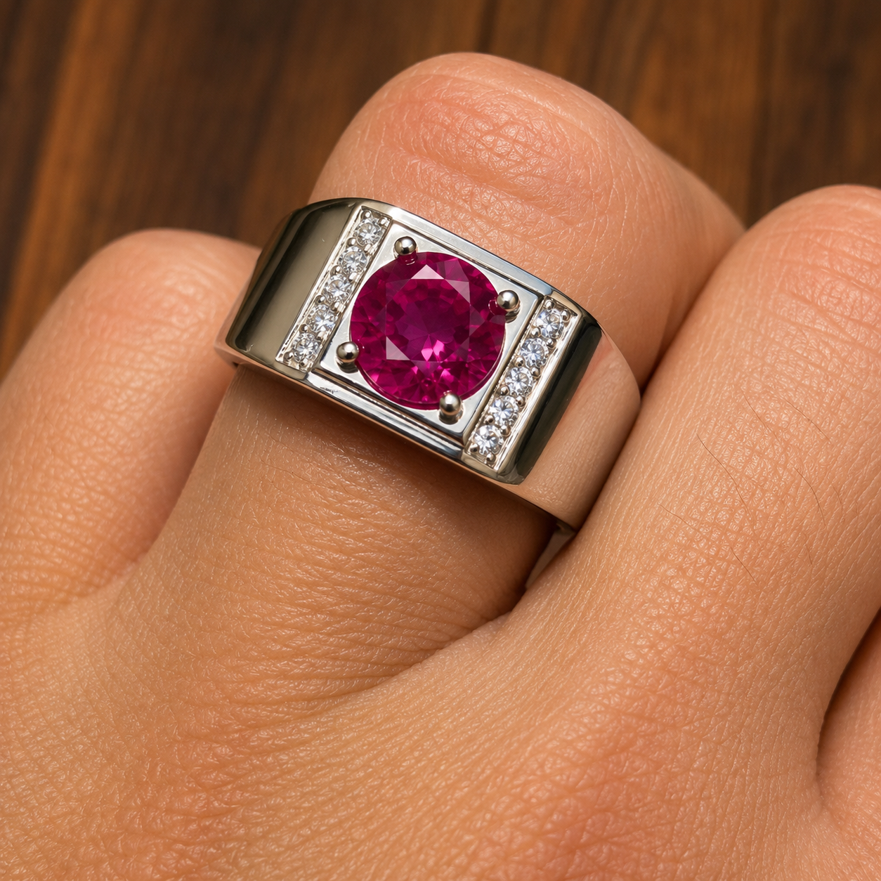 925 Sterling Silver Round Red Ruby Stone Ring With Moissanite