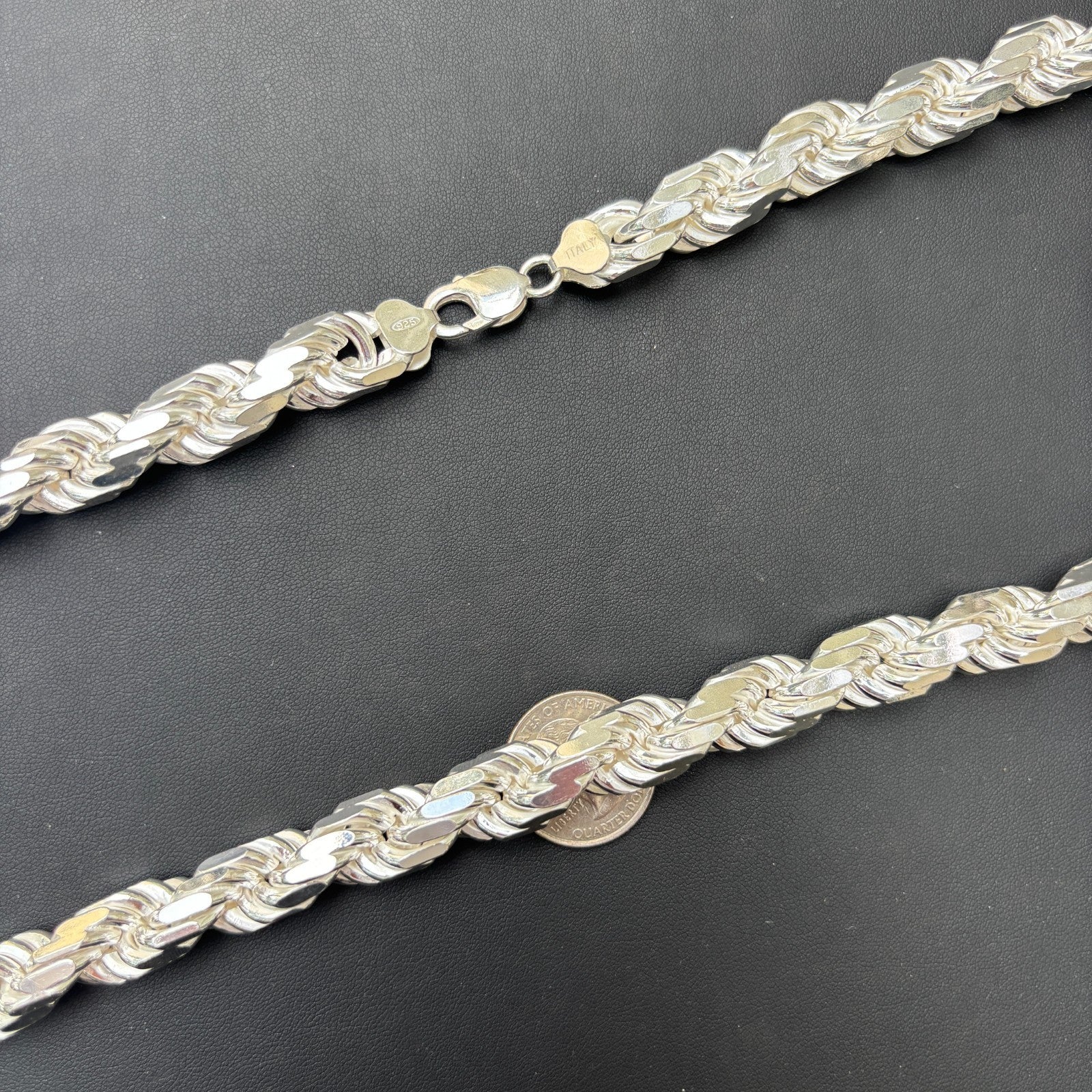 Collar de cadena de cuerda con corte de diamante de 12,5 mm de plata de ley 925