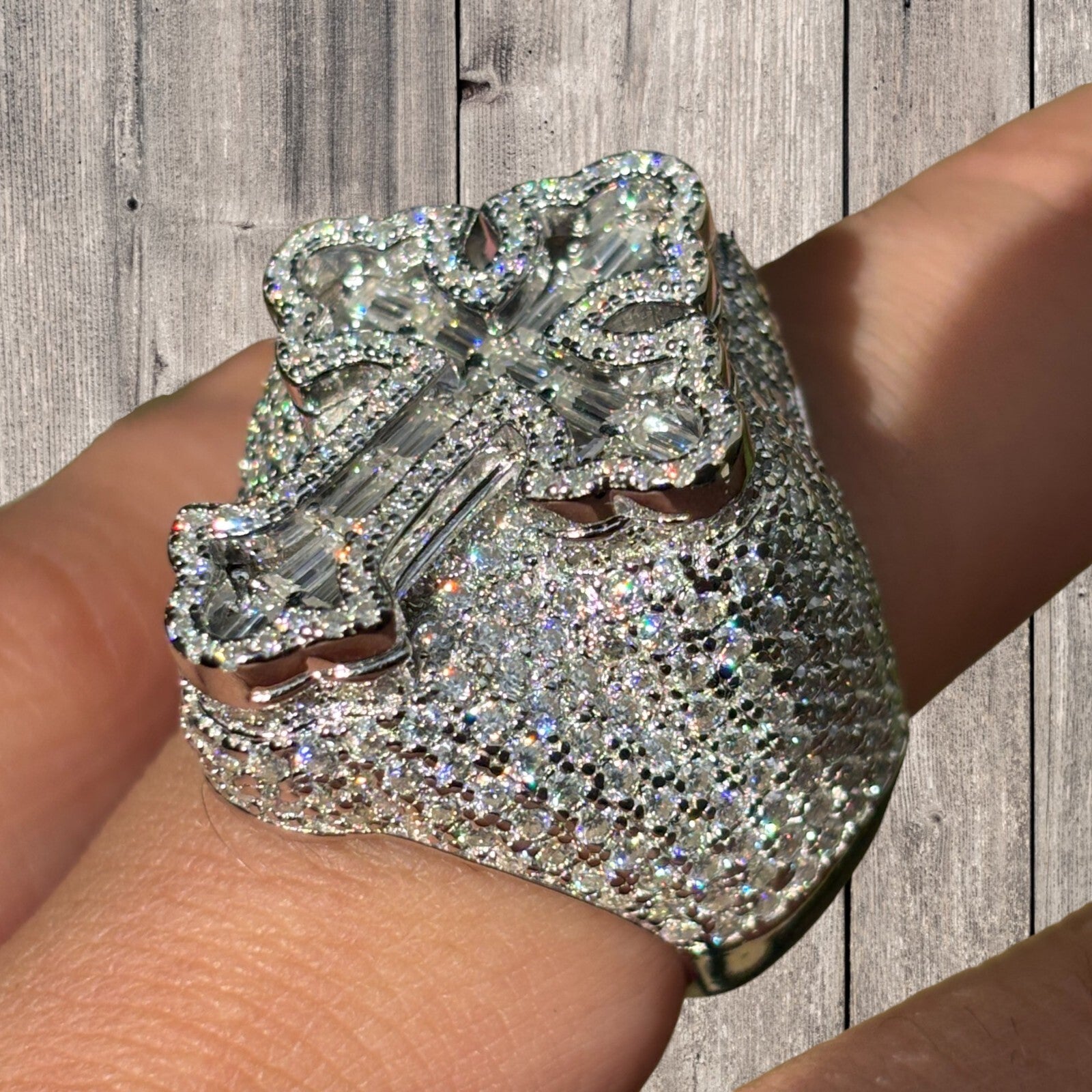 925 Sterling Silver Baguette Cross Ring With Moissanite
