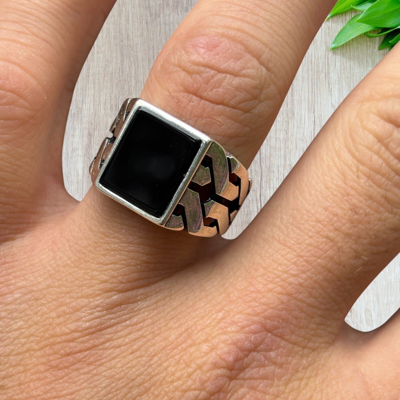 925 Sterling Silver Rectangular Black Onyx Stone Ring