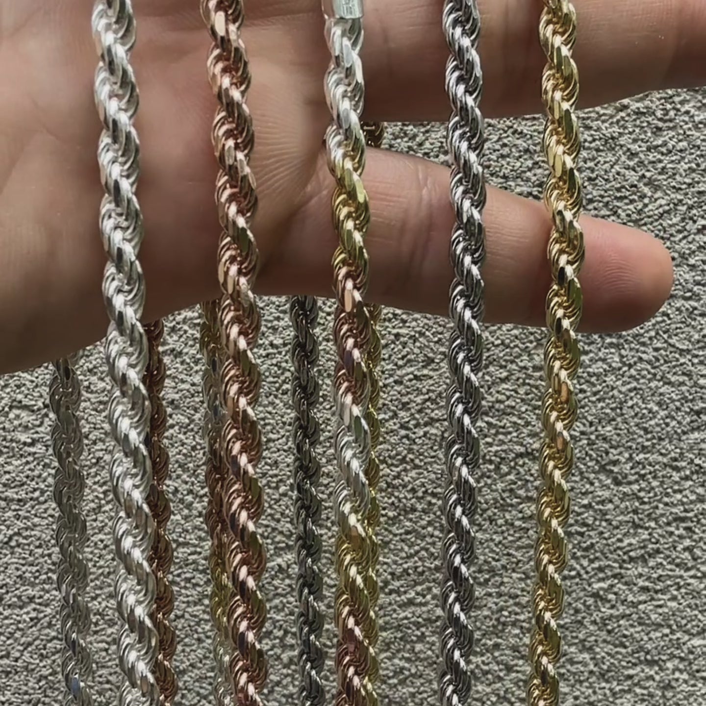 Load video: 5mm diamond cut 925 sterling silver rope chains. Rope chains are great mens chains for everyday wear.