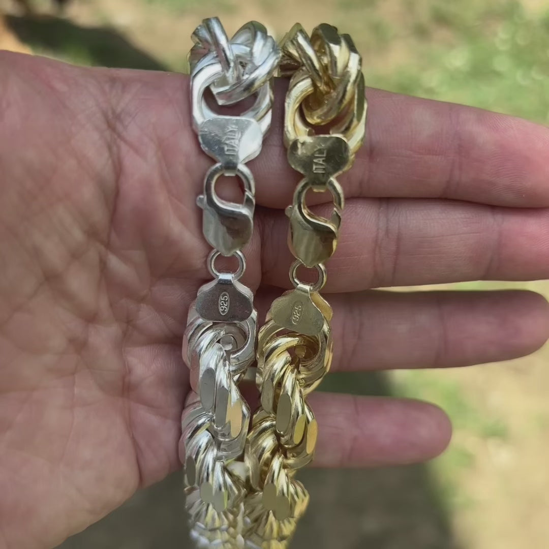 Collar de cadena de cuerda de 14 mm con corte de diamante en plata de ley 925