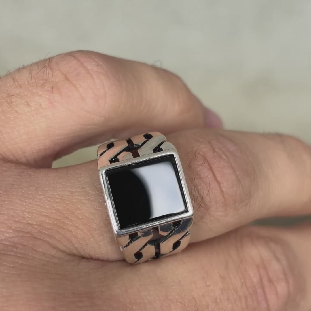 925 Sterling Silver Rectangular Black Onyx Stone Ring