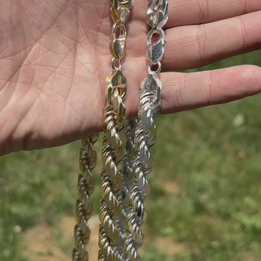 Collar de cadena de cuerda de 11 mm con corte de diamante en plata de ley 925