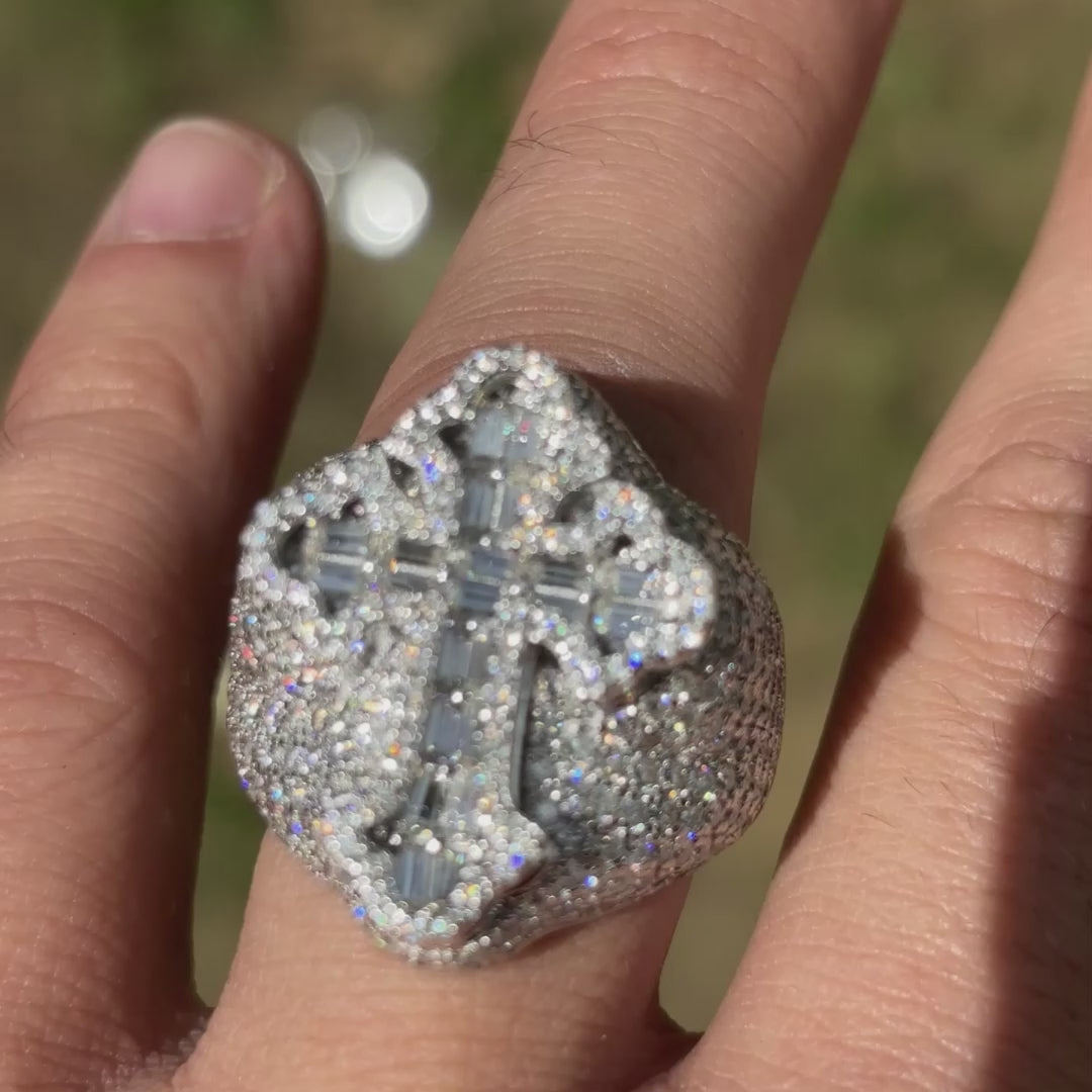 925 Sterling Silver Baguette Cross Ring With Moissanite