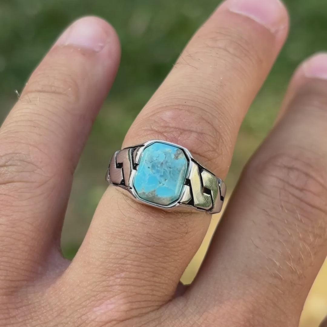 925 Sterling Silver Blue Turquoise Onyx Stone Cuban Ring