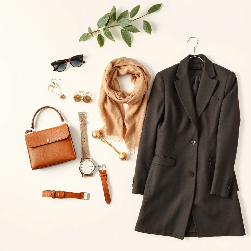 Assorted fashion accessories laid out neatly: earrings, necklace, scarf, belt, watch, and handbag.