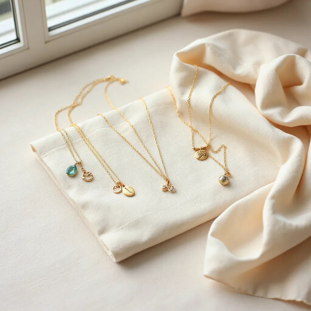 Handcrafted Italian necklaces displayed on linen with a cream blouse nearby under soft natural light