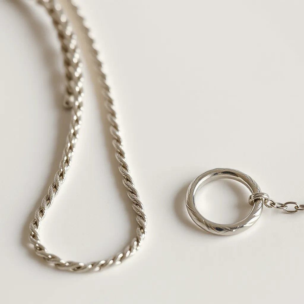 Polished silver rope chains arranged neatly on a light neutral background