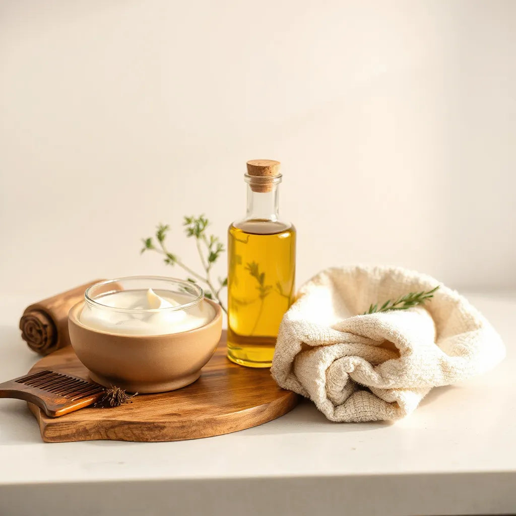 Natural hair care essentials arranged on a neutral countertop with a wooden comb and hair mask