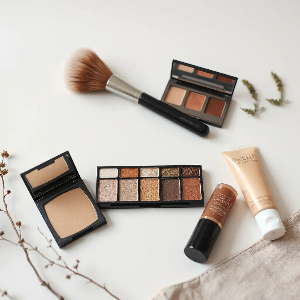 Minimal makeup essentials on a clean vanity, featuring a brush, palette, and lip balm in soft daylight