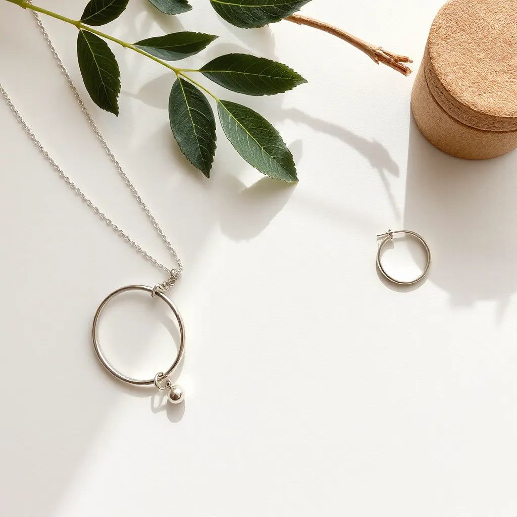 Silver chain necklace, bracelet, hoop earrings, and ring arranged on a neutral background