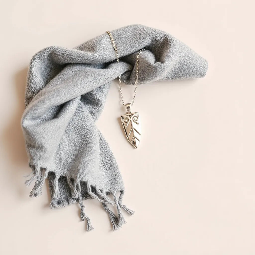 Silver pendant and chain jewelry resting beside a soft gray scarf on a neutral background
