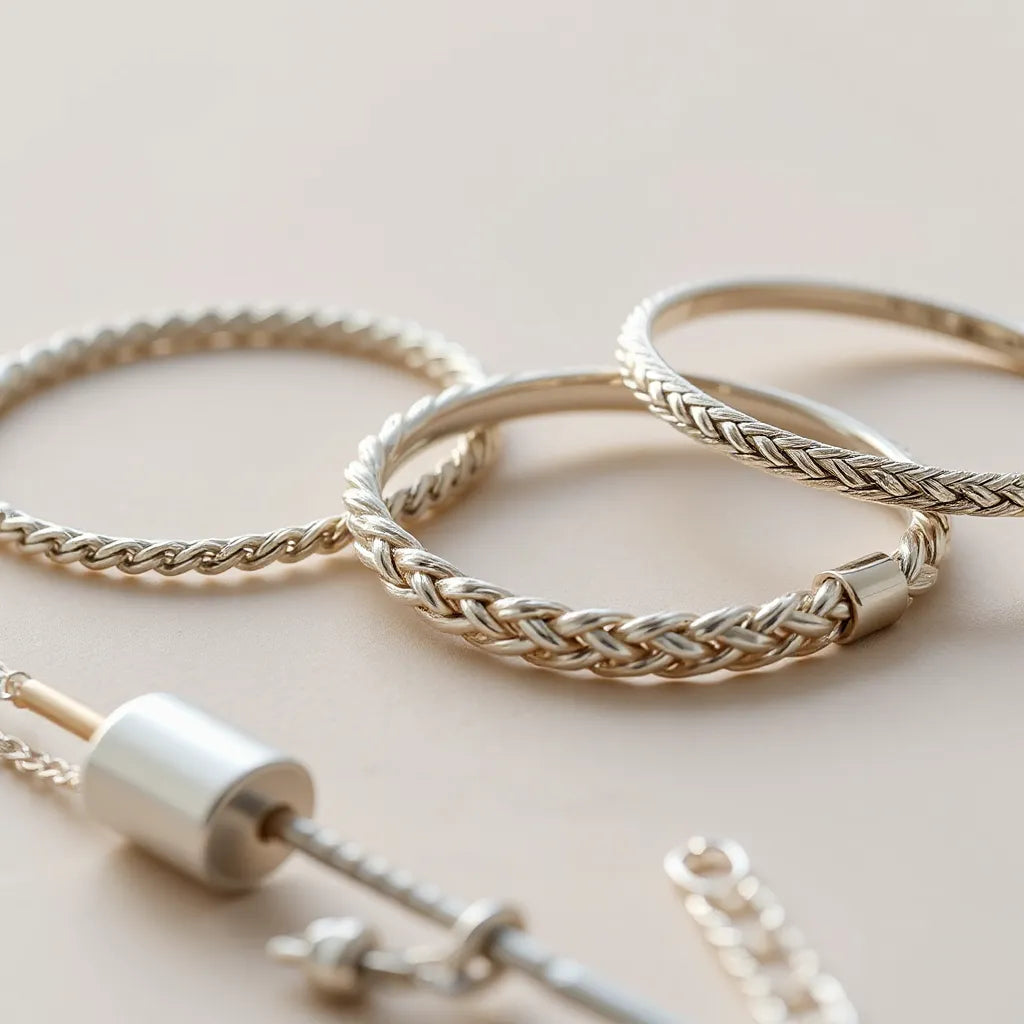 Stylish silver bracelets in different styles laid out on a neutral background