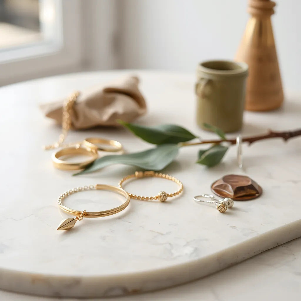 Handcrafted Italian jewelry pieces with polished metal details on a light marble surface